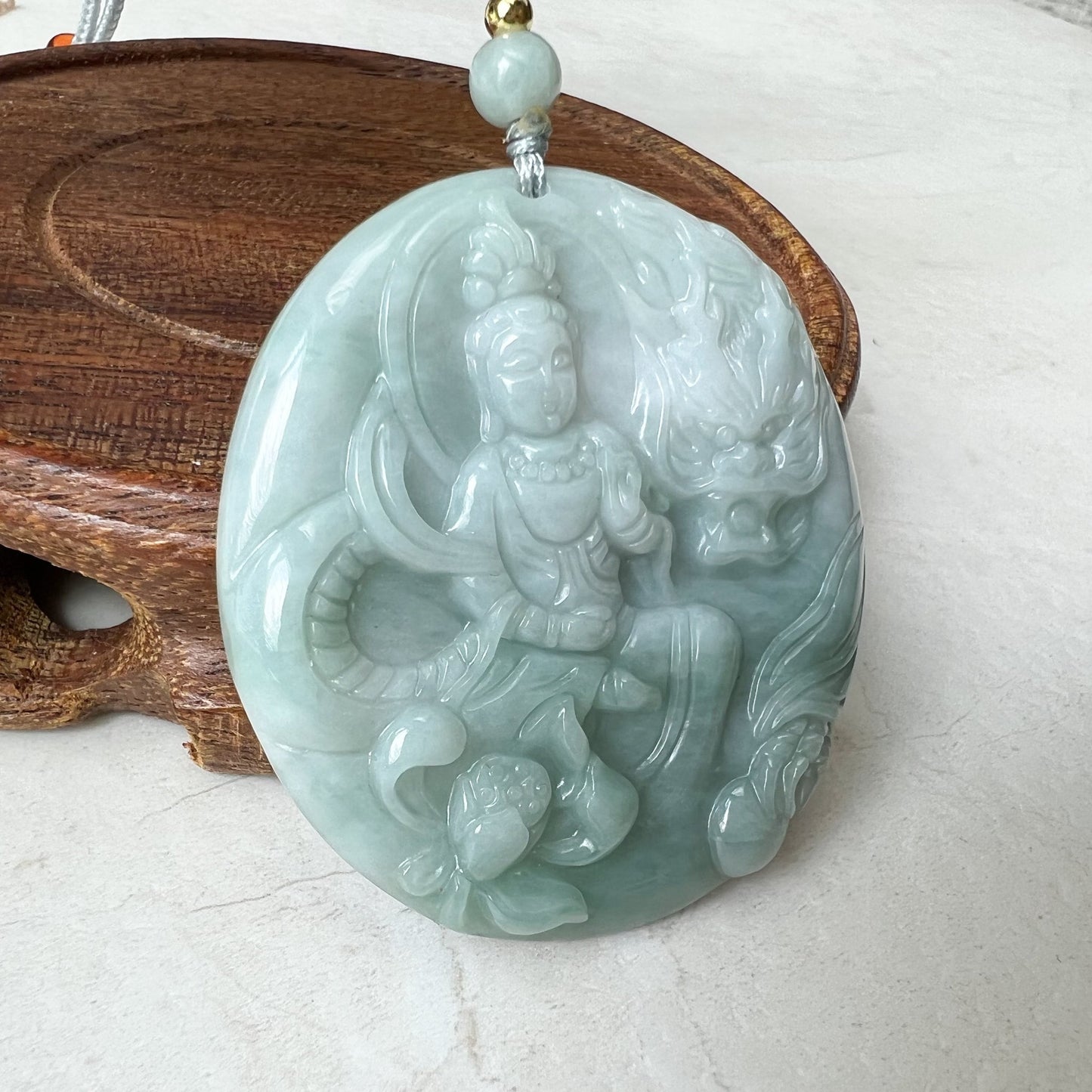 Green Jadeite Jade Guan Yin Avalokiteshvara, Dragon, Quan Am, Hand Carved Pendant Necklace, YJ-1221-0319681 - AriaDesignCollection