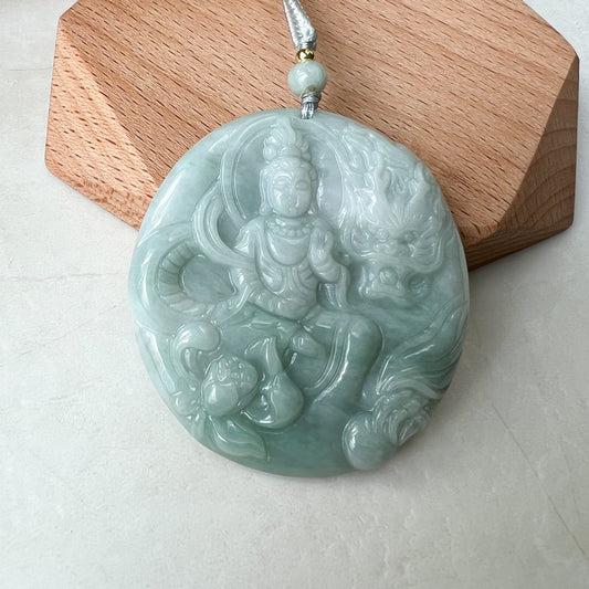 Green Jadeite Jade Guan Yin Avalokiteshvara, Dragon, Quan Am, Hand Carved Pendant Necklace, YJ-1221-0319681 - AriaDesignCollection