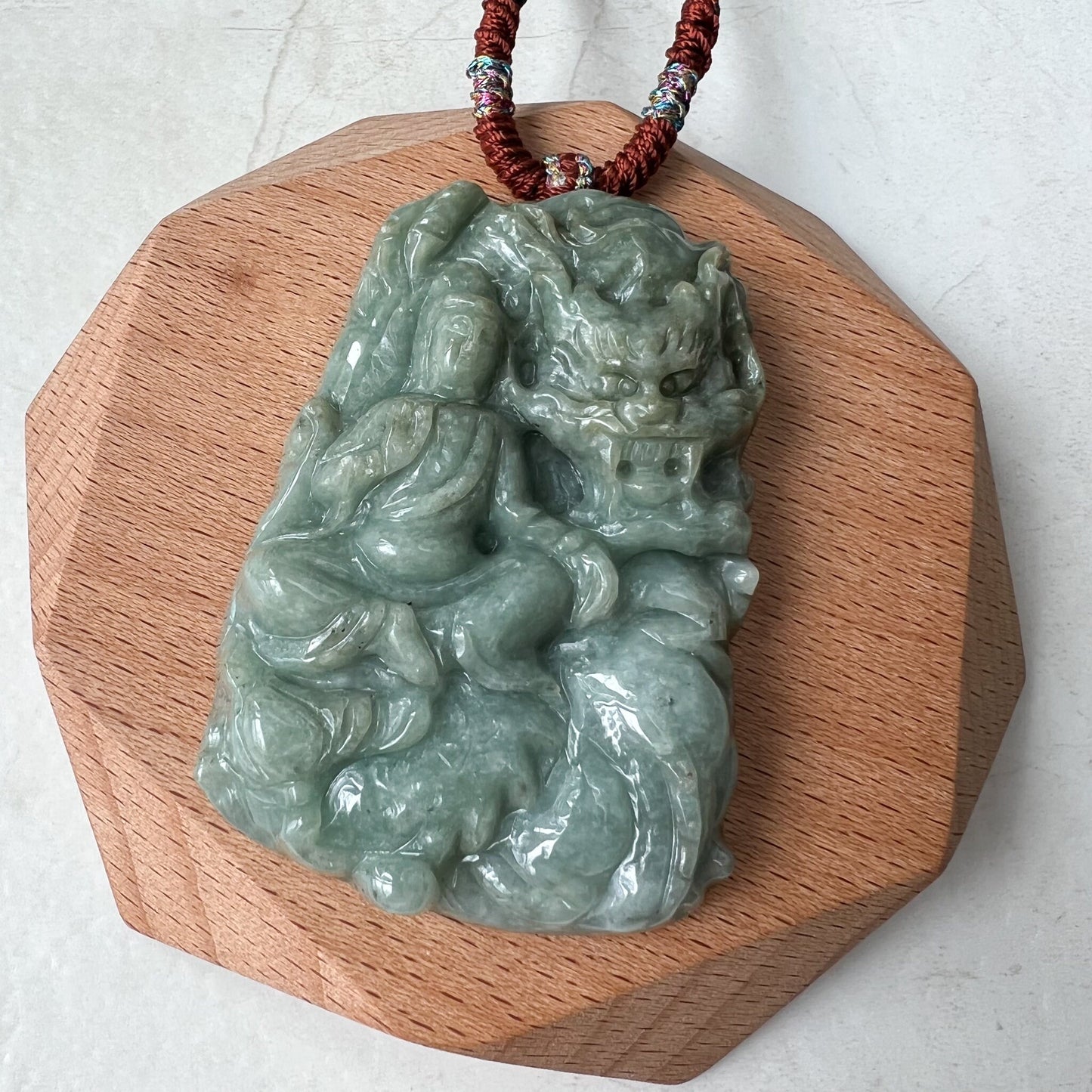 Large Jadeite Jade Guan Yin Kwan Yin Protected by Dragon Avalokitesvara Semi-Translucent Carved Pendant Necklace, Quan Am, YJ-1221-0252084 - AriaDesignCollection