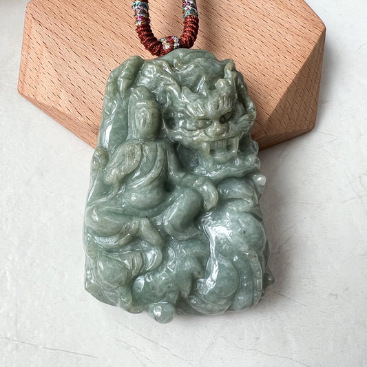 Large Jadeite Jade Guan Yin Kwan Yin Protected by Dragon Avalokitesvara Semi-Translucent Carved Pendant Necklace, Quan Am, YJ-1221-0252084 - AriaDesignCollection