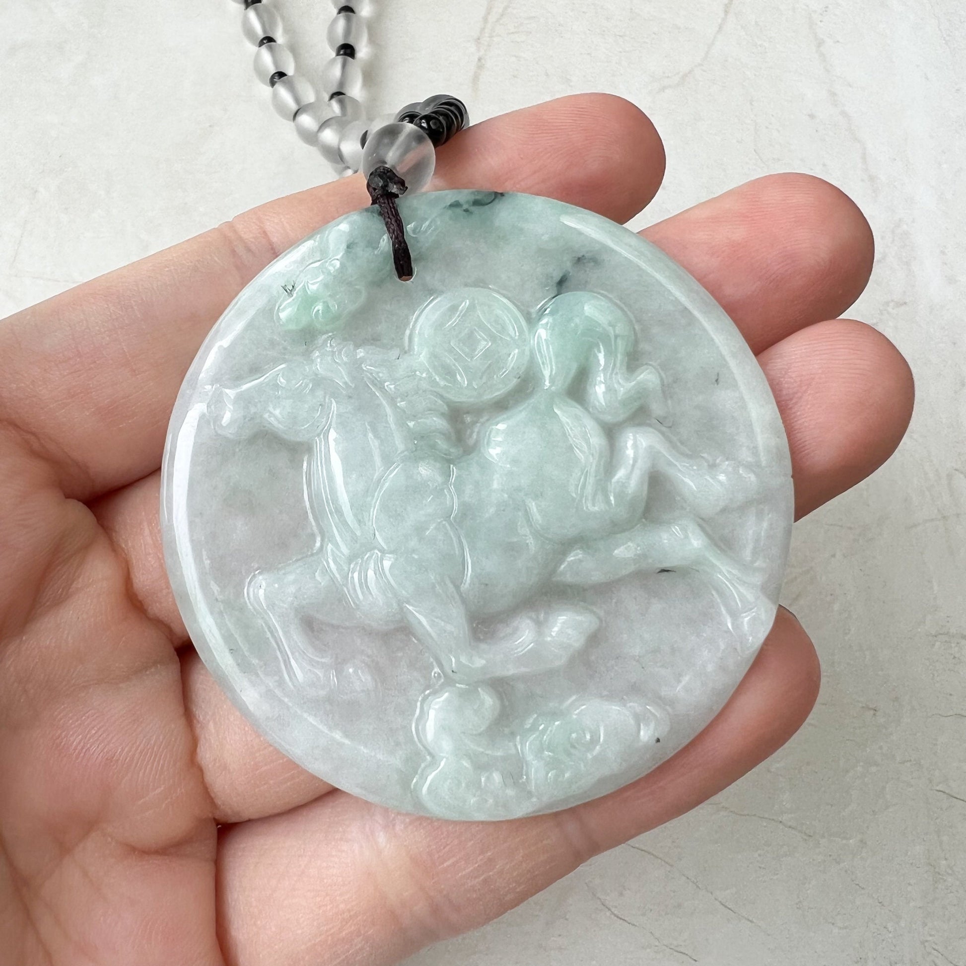 Horse Jadeite Jade Chinese Zodiac Pendant Necklace, Feng Shui Pendant, Fortune Wealth Money Coin, YJ-0322-0350832 - AriaDesignCollection