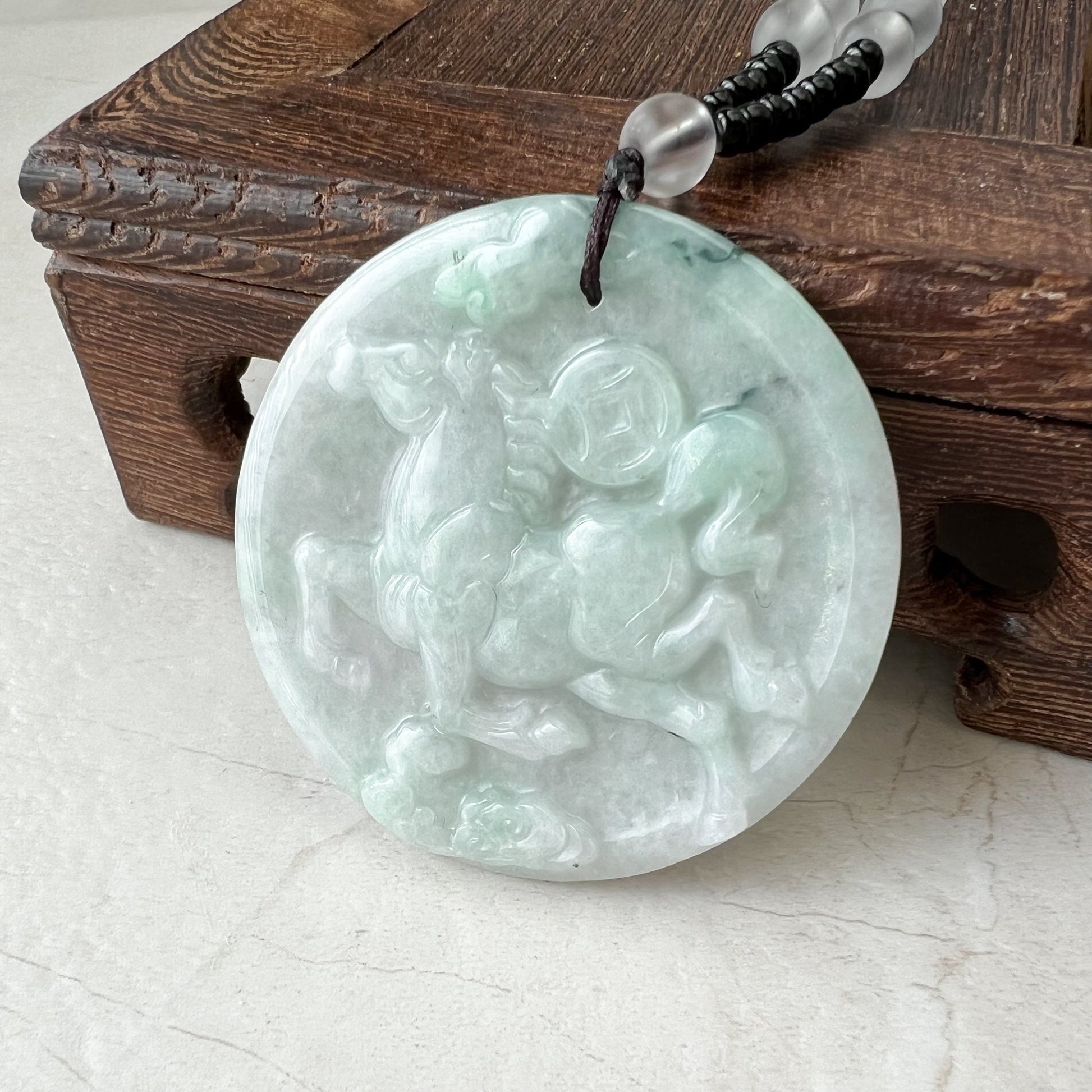 Horse Jadeite Jade Chinese Zodiac Pendant Necklace, Feng Shui Pendant, Fortune Wealth Money Coin, YJ-0322-0350832 - AriaDesignCollection