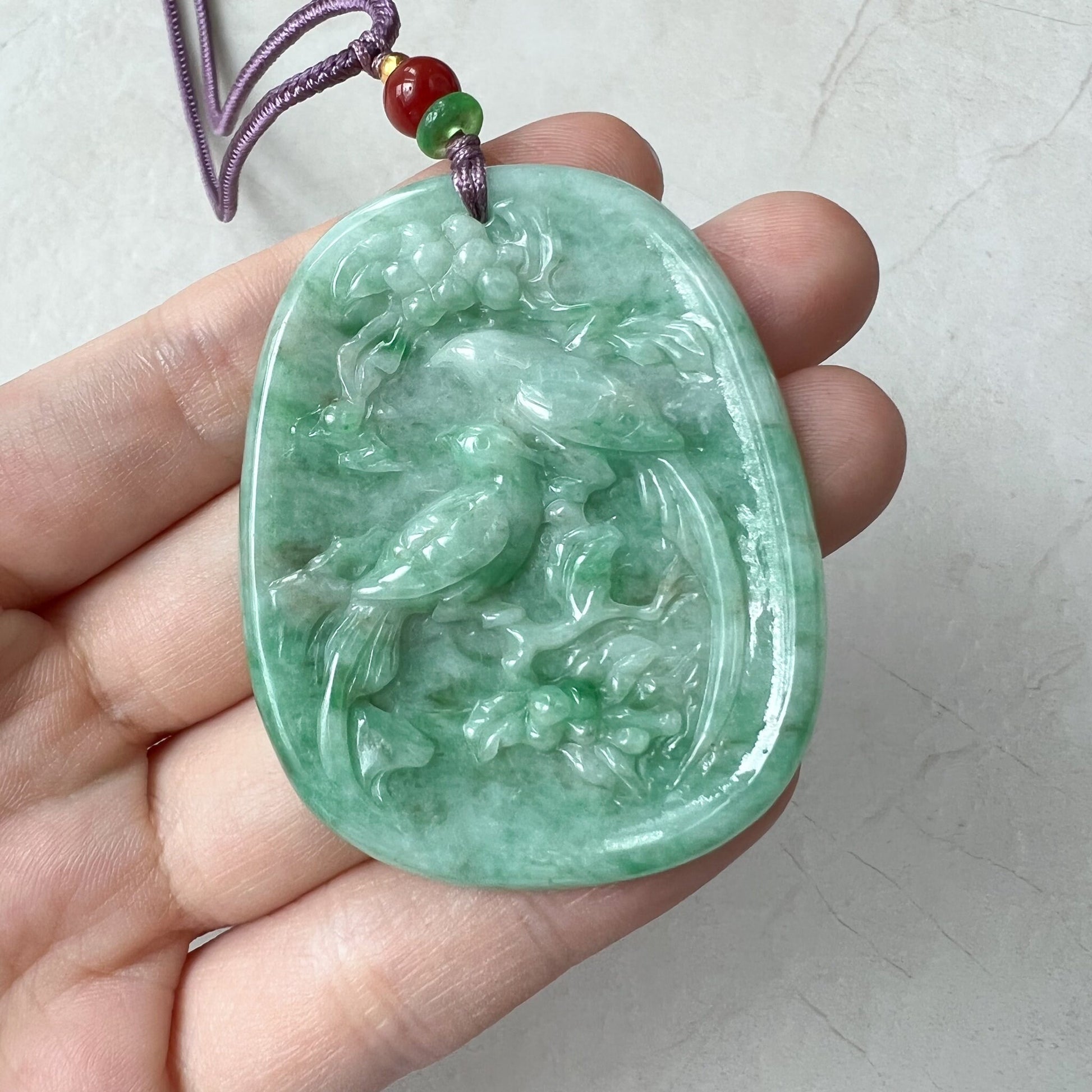Green Jadeite Jade Floral Twin Bird, Magpie, Hand Carved Pendant, ZYF-0322-1651243643 - AriaDesignCollection