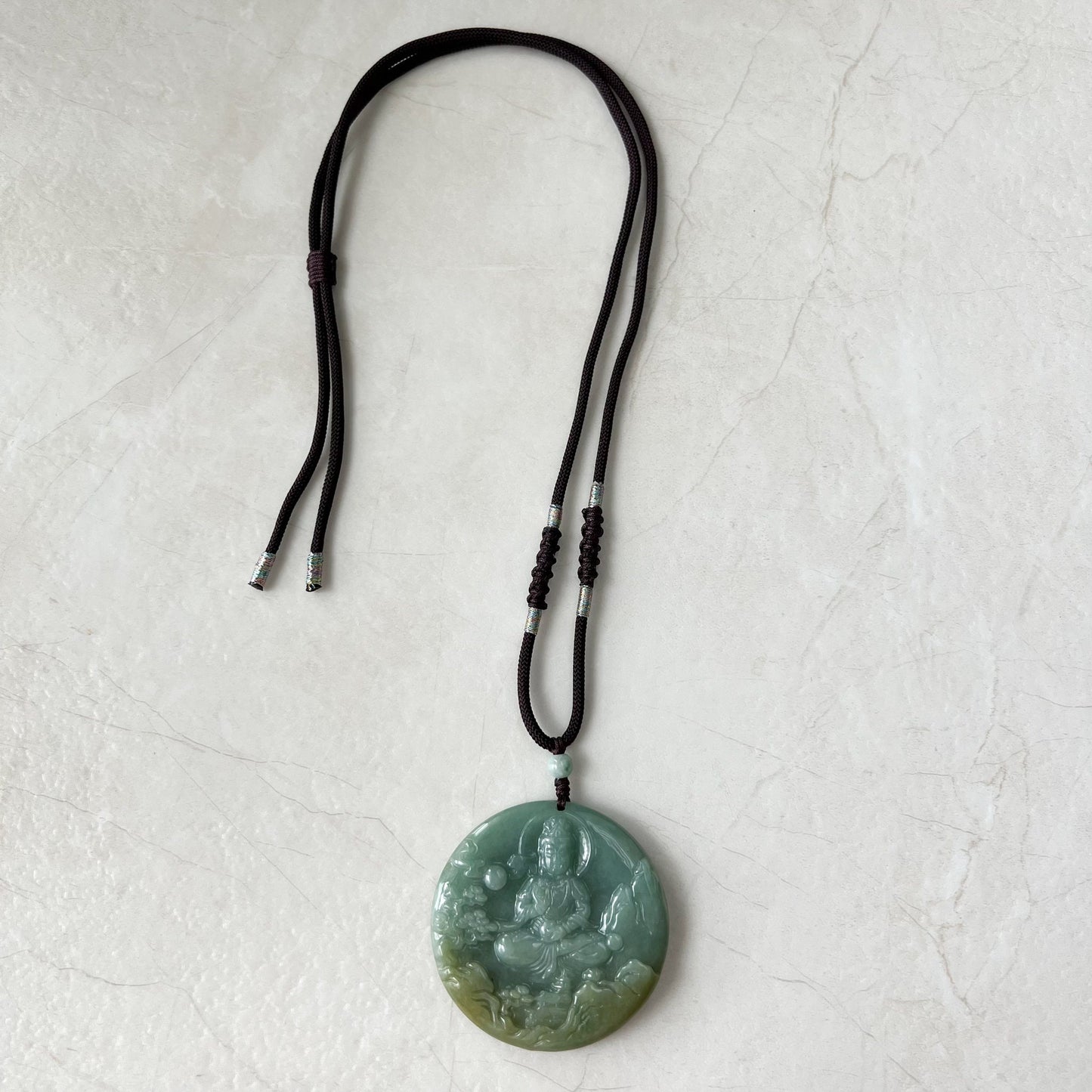 Green Jadeite Jade Guan Yin Avalokiteshvara Hand Carved Pendant Necklace, YJ-0322-0315224 - AriaDesignCollection
