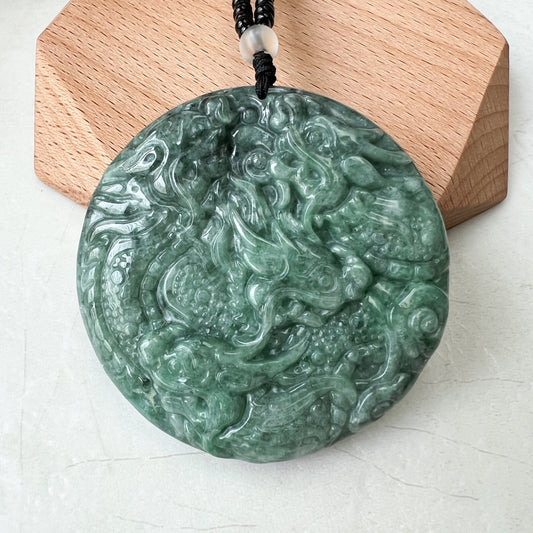 Large Green Jade 9 Dragon Jadeite Jade Chinese Zodiac Hand Carved Pendant Necklace, YJ-0322-0355383 - AriaDesignCollection