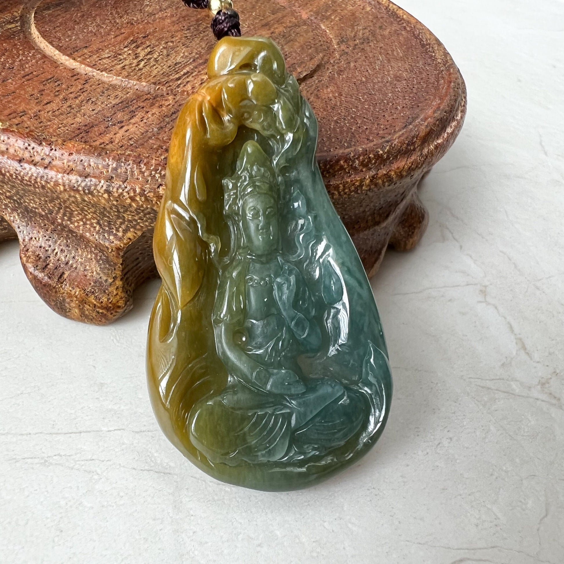 Green Standing Jadeite Jade Guan Yin Avalokiteshvara Hand Carved Pendant Necklace, ZYF-0322-1651339217 - AriaDesignCollection
