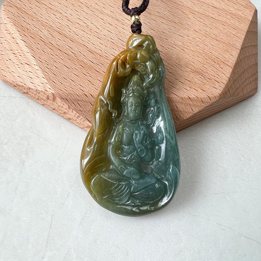 Green Standing Jadeite Jade Guan Yin Avalokiteshvara Hand Carved Pendant Necklace, ZYF-0322-1651339217 - AriaDesignCollection