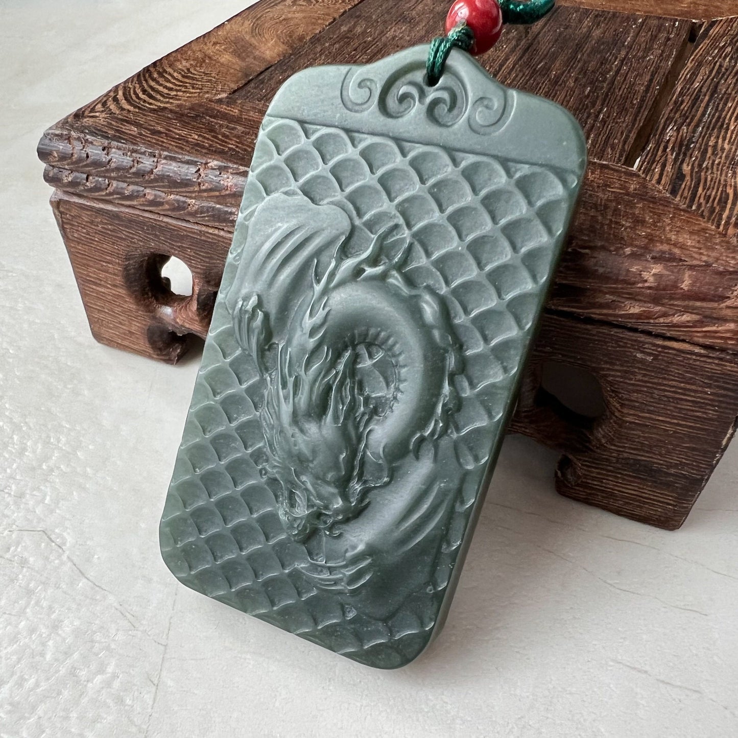 Dark Green, Nephrite Jade Dragon Zodiac Hand Carved Necklace, RLXE-1221-0076837 - AriaDesignCollection