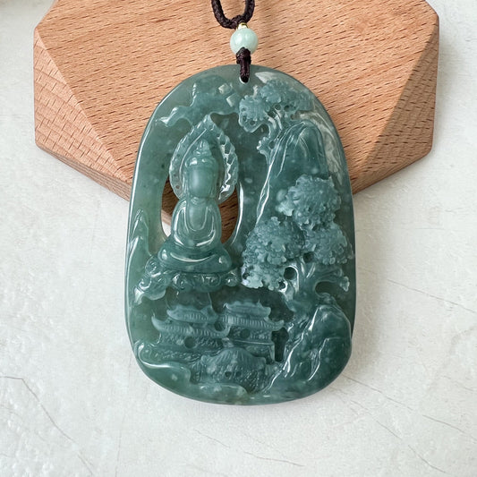 Green Faceless Guan Yin Meditating, Jadeite Jade Avalokiteshvara Hand Carved Pendant Necklace, Quan Am, ZYF-0322-1651918879 - AriaDesignCollection