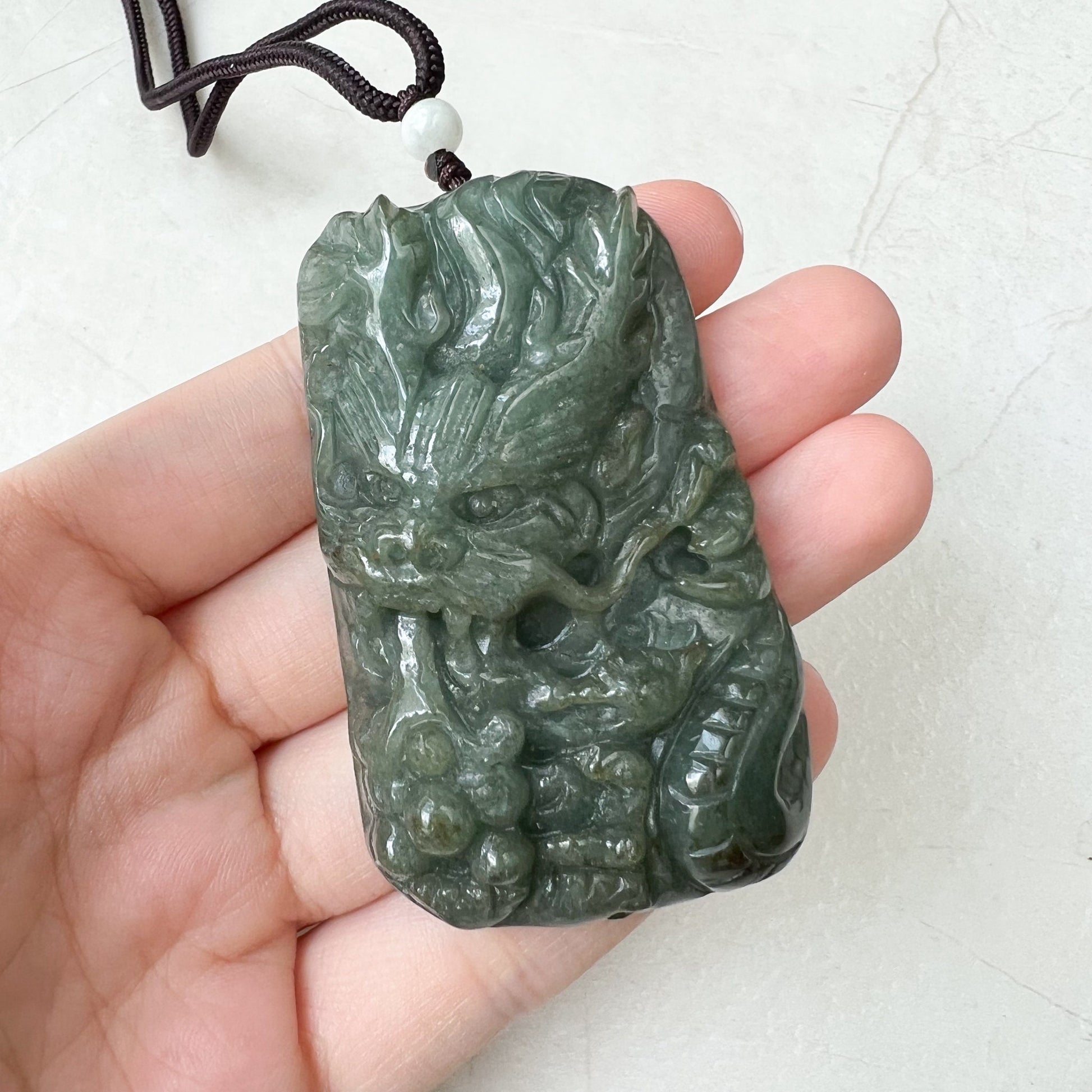 Large Jadeite Green Jade Dragon Chinese Zodiac Hand Carved Pendant Necklace, YJ-0322-0355301 - AriaDesignCollection