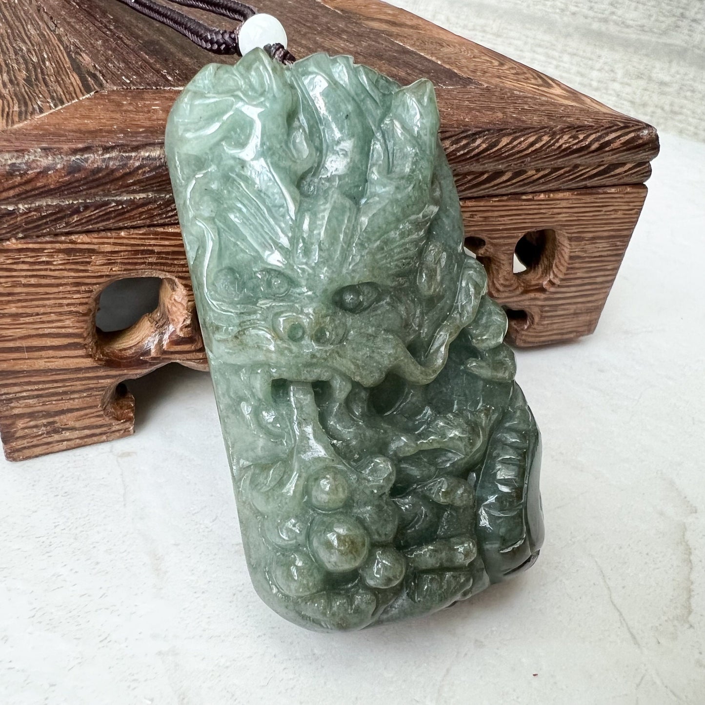 Large Jadeite Green Jade Dragon Chinese Zodiac Hand Carved Pendant Necklace, YJ-0322-0355301 - AriaDesignCollection