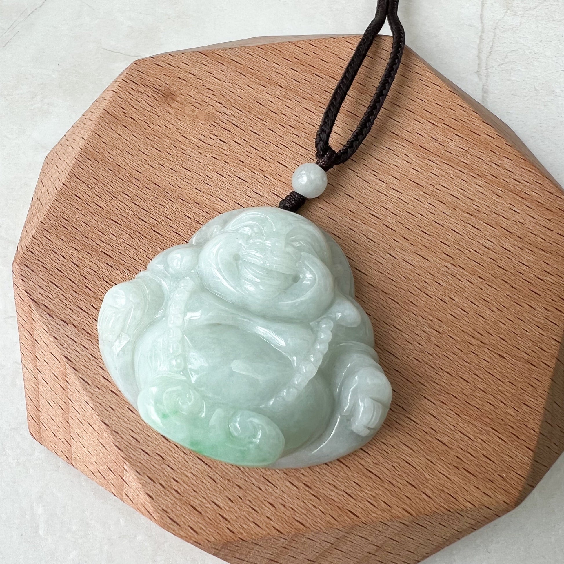 Large Green Jadeite Jade Happy Buddha Carved Jadeite Pendant, Budai, ZYF-0322-1654008483 - AriaDesignCollection