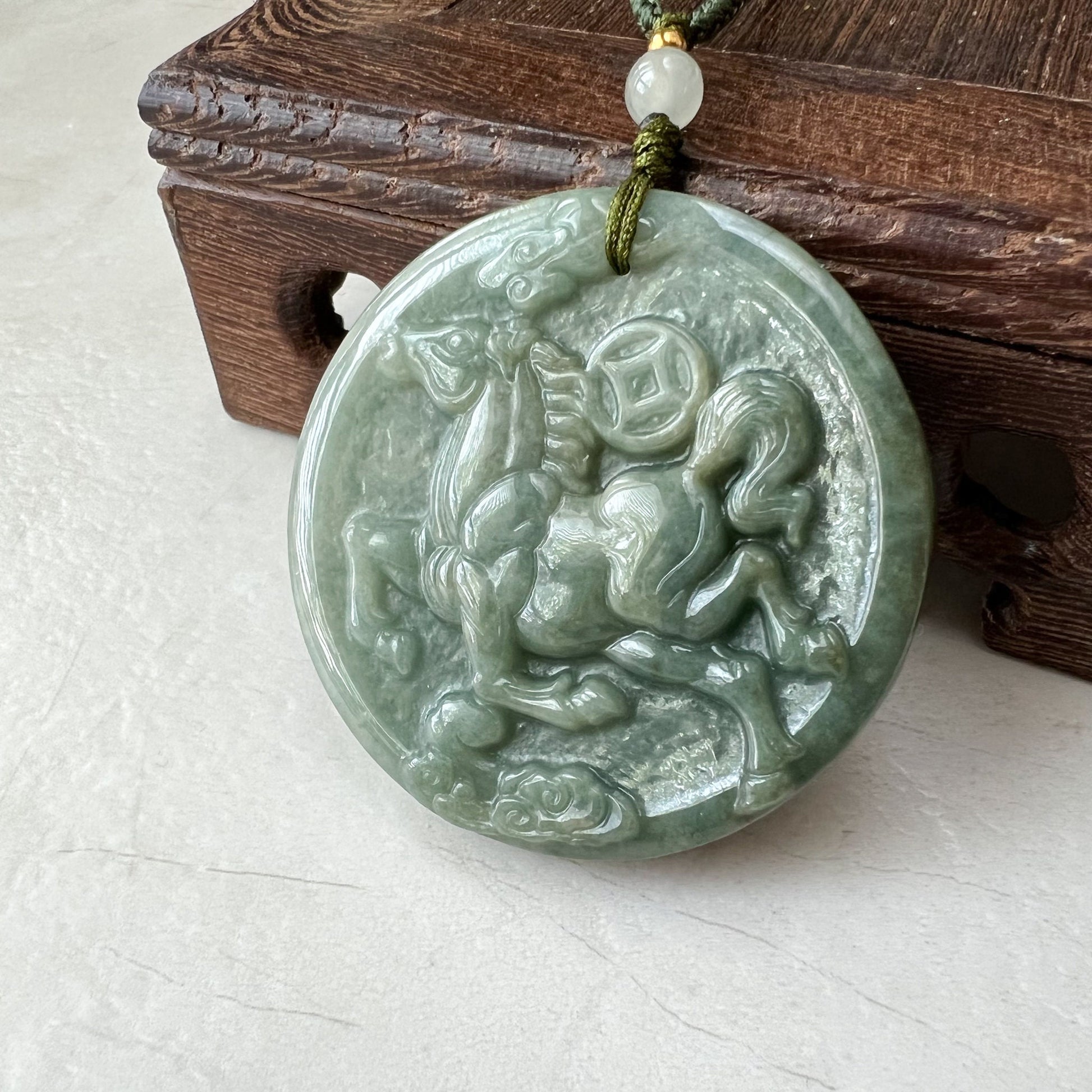 Green Horse Jade Jadeite Chinese Zodiac Carved Pendant Necklace, YJ-0322-0319663 - AriaDesignCollection