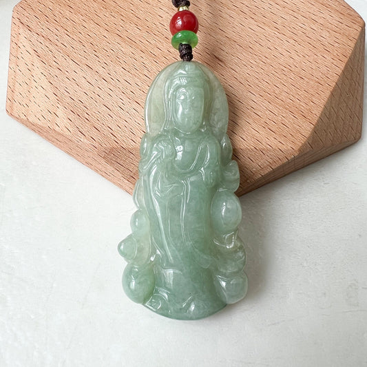Green Standing Jadeite Jade Guan Yin Avalokiteshvara Hand Carved Pendant Necklace, YJ-1221-0287049 - AriaDesignCollection