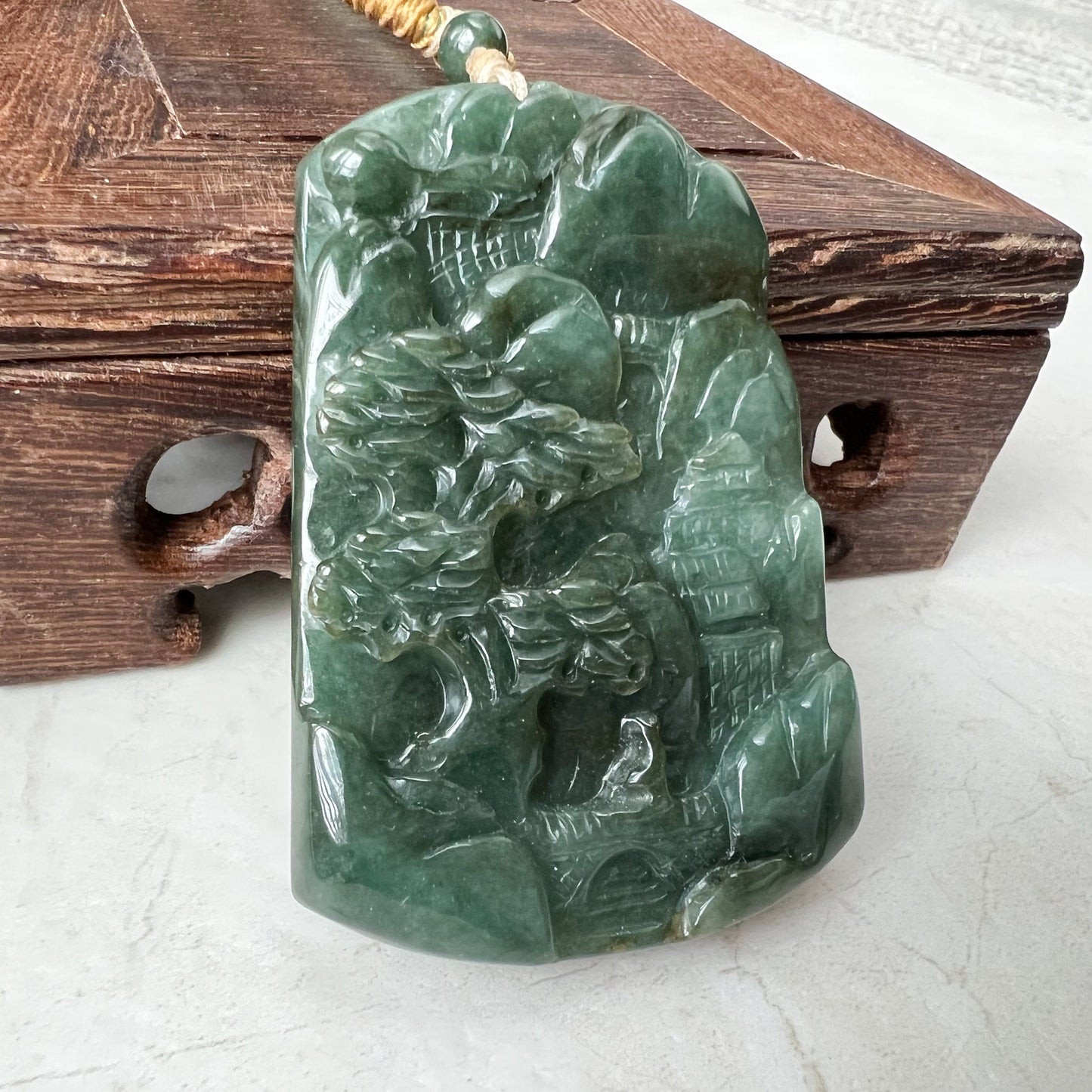 Jadeite Jade Landscape Mountain Forest River Scenery Hand Carved Pendant Necklace, YJ-1221-0170328 - AriaDesignCollection