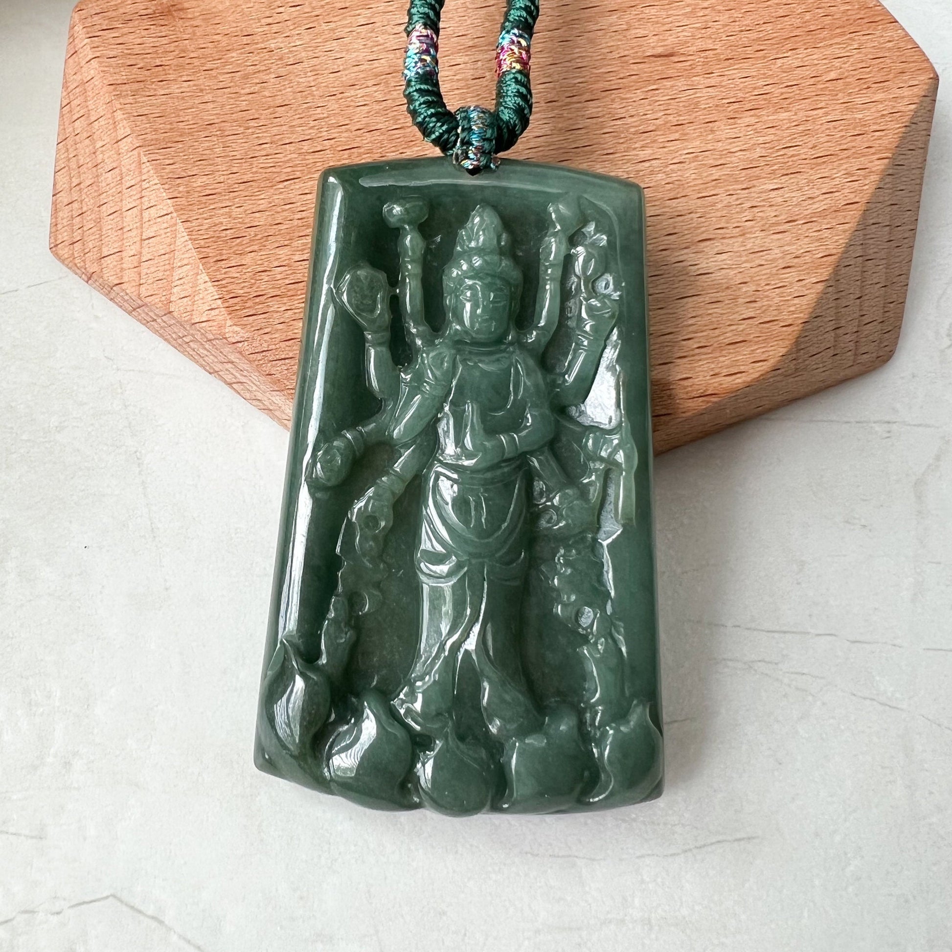 Jadeite Jade Guan Yin Avalokiteshvara Thousand Hands Carved Pendant Necklace, YJ-0322-0388080 - AriaDesignCollection