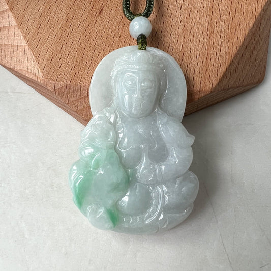 Jadeite Jade Guan Yin Avalokiteshvara, Quan Am, 观音, Hand Carved Pendant Necklace, YW-0110-1652569917 - AriaDesignCollection