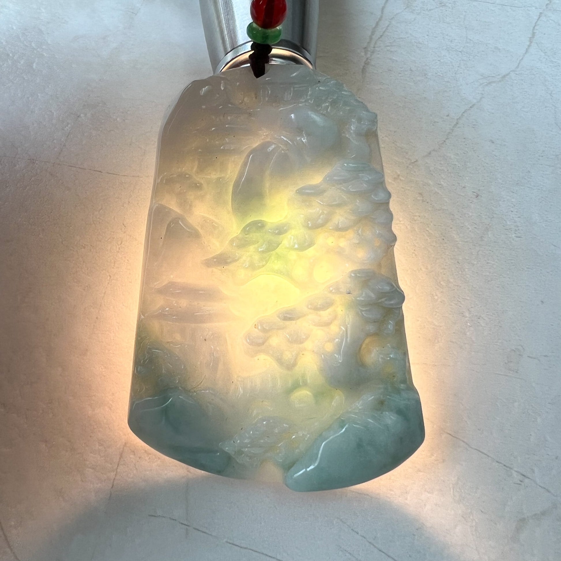 Jadeite Jade Landscape Mountain Forest River Scenery Hand Carved Pendant Necklace, YJ-0322-0124028 - AriaDesignCollection