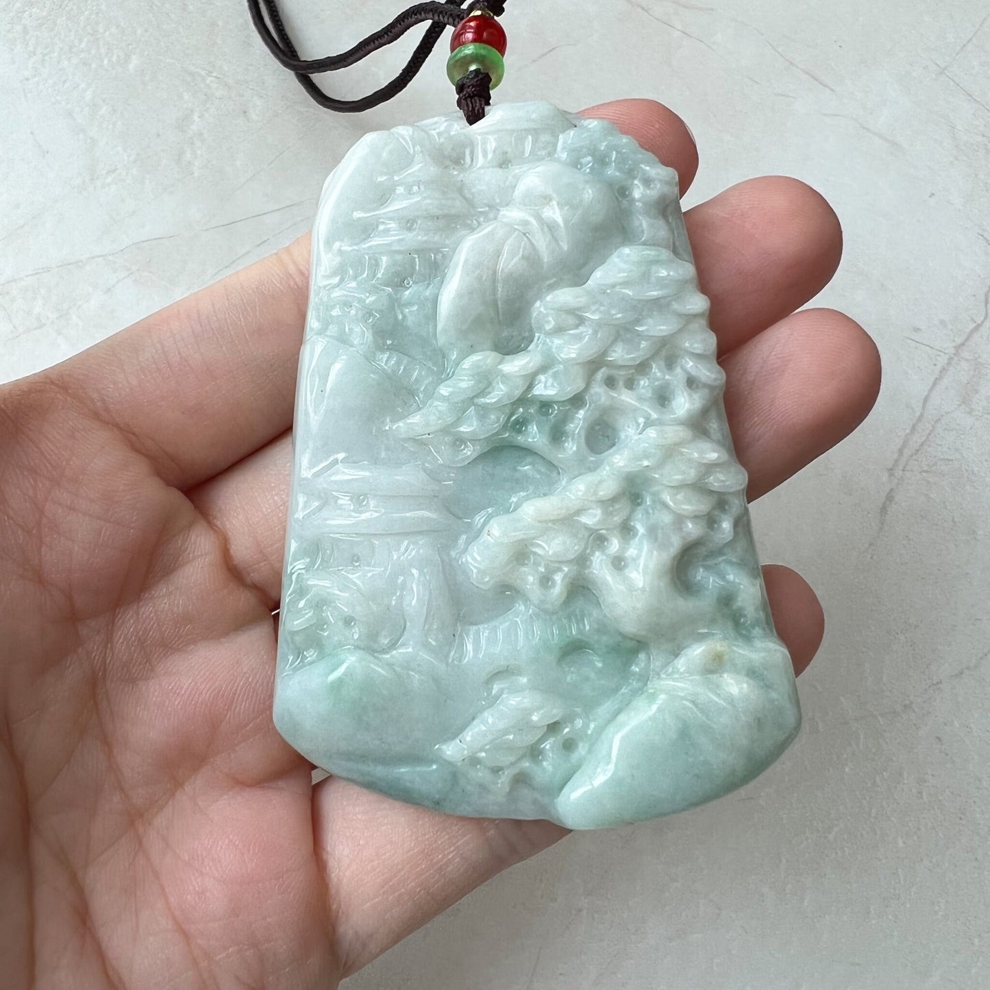 Jadeite Jade Landscape Mountain Forest River Scenery Hand Carved Pendant Necklace, YJ-0322-0124028 - AriaDesignCollection