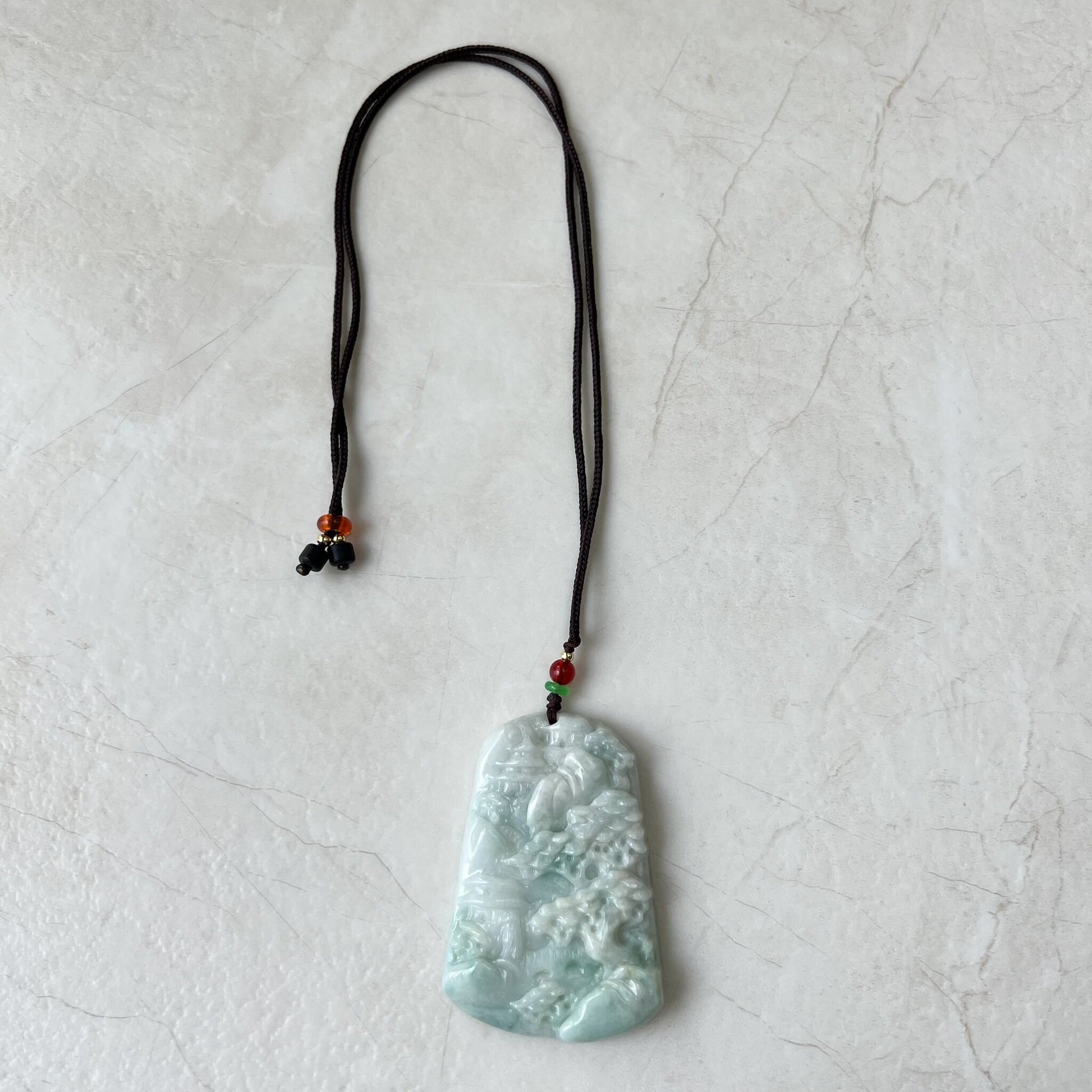 Jadeite Jade Landscape Mountain Forest River Scenery Hand Carved Pendant Necklace, YJ-0322-0124028 - AriaDesignCollection