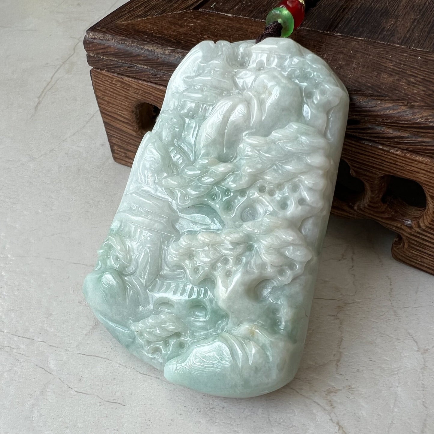 Jadeite Jade Landscape Mountain Forest River Scenery Hand Carved Pendant Necklace, YJ-0322-0124028 - AriaDesignCollection