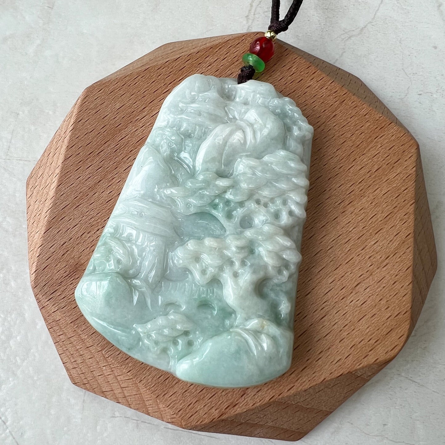 Jadeite Jade Landscape Mountain Forest River Scenery Hand Carved Pendant Necklace, YJ-0322-0124028 - AriaDesignCollection