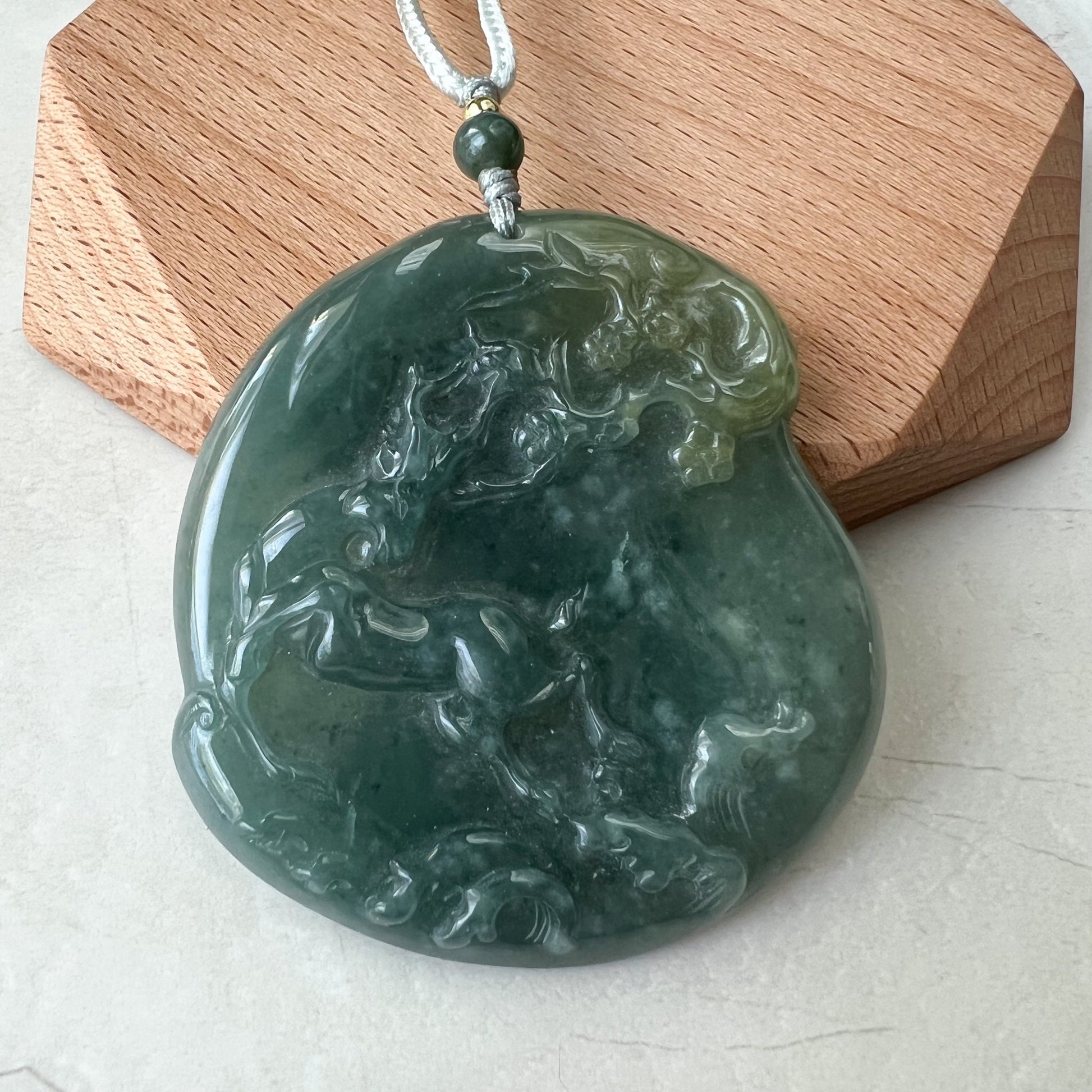 Green Jadeite Jade Deer in Forest Hand Carved Pendant Necklace, ZYF-0322-1652657255 - AriaDesignCollection