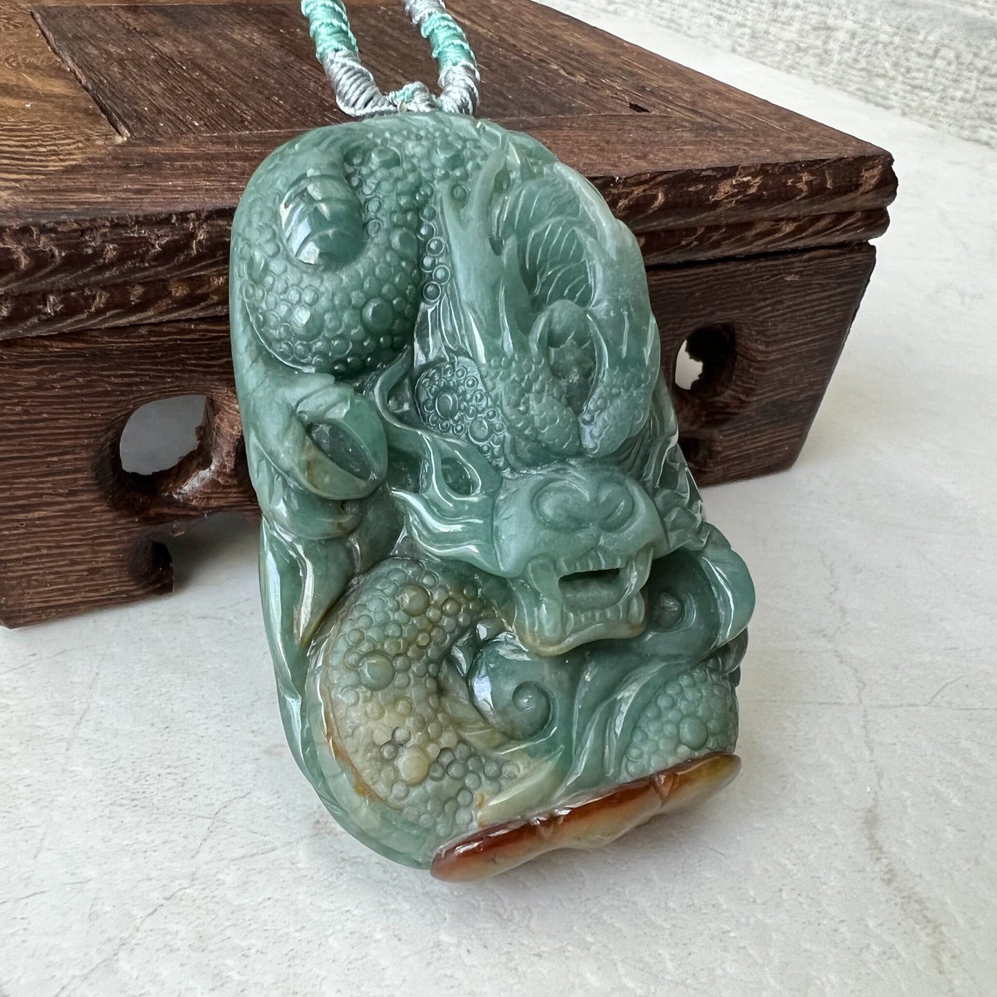 Green Jadeite Jade Dragon Chinese Zodiac Hand Carved Pendant Necklace,  Green Blue Red Jade, YJ-1221-0295475 - AriaDesignCollection