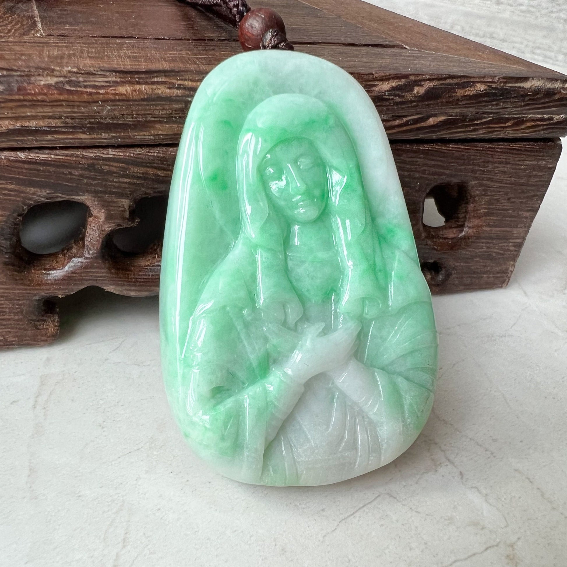 Jadeite Jade Virgin Mary, Mother of Jesus, Green Jade, Hand Carved Necklace, QT-0322-1652803419 - AriaDesignCollection