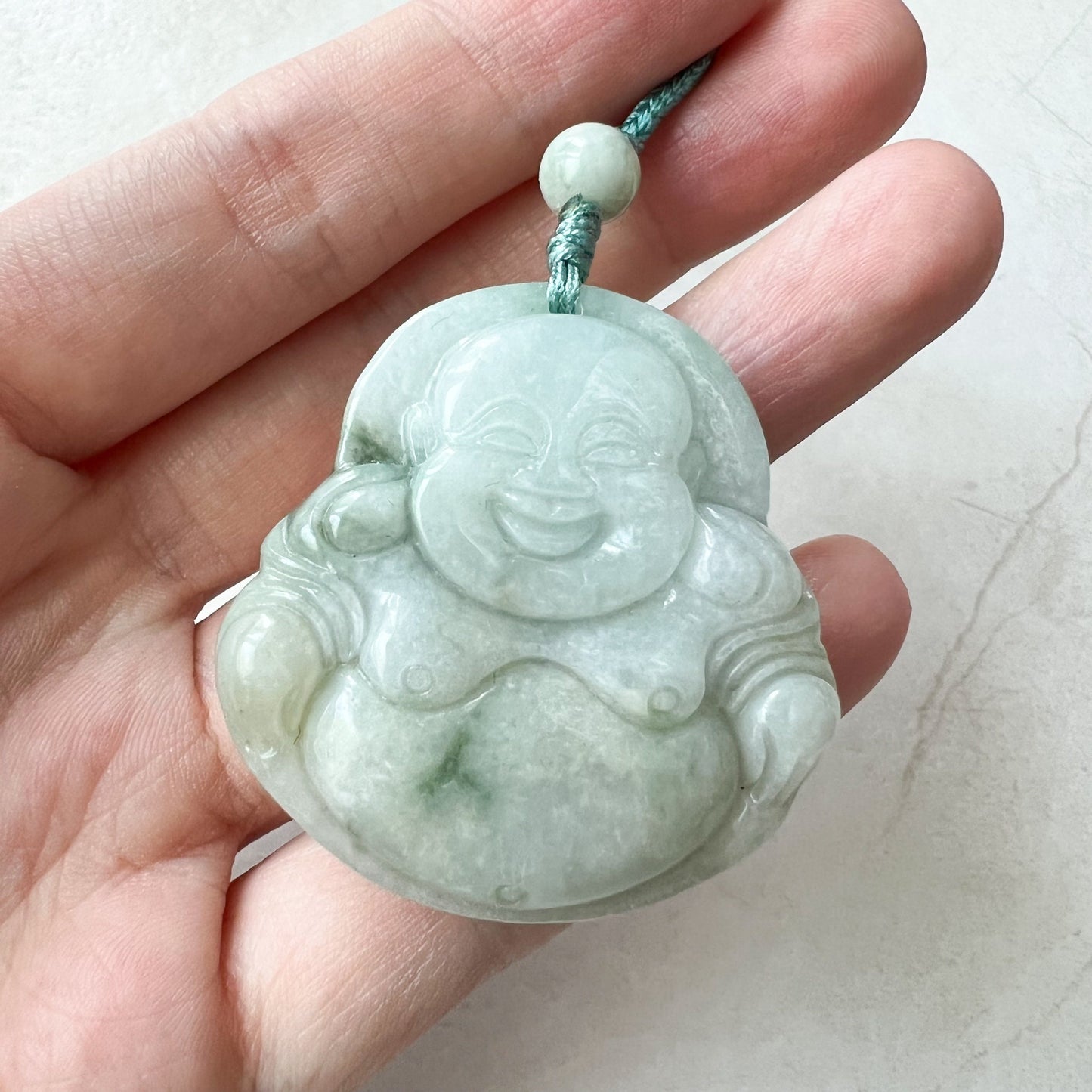 Dual Side Jadeite Jade Happy Laughing Buddha Hand Carved Pendant, YJ-0322-0388812 - AriaDesignCollection