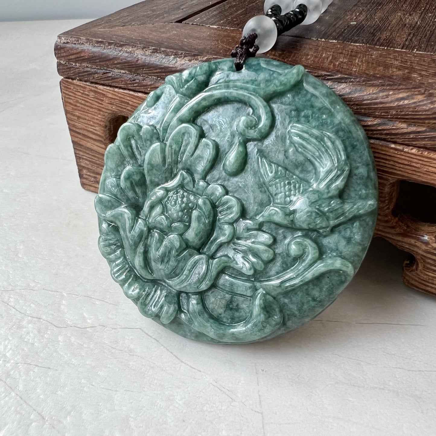 Green Jadeite Jade Floral Bird, Magpie, Hand Carved Pendant, YJ-0322-0319721 - AriaDesignCollection