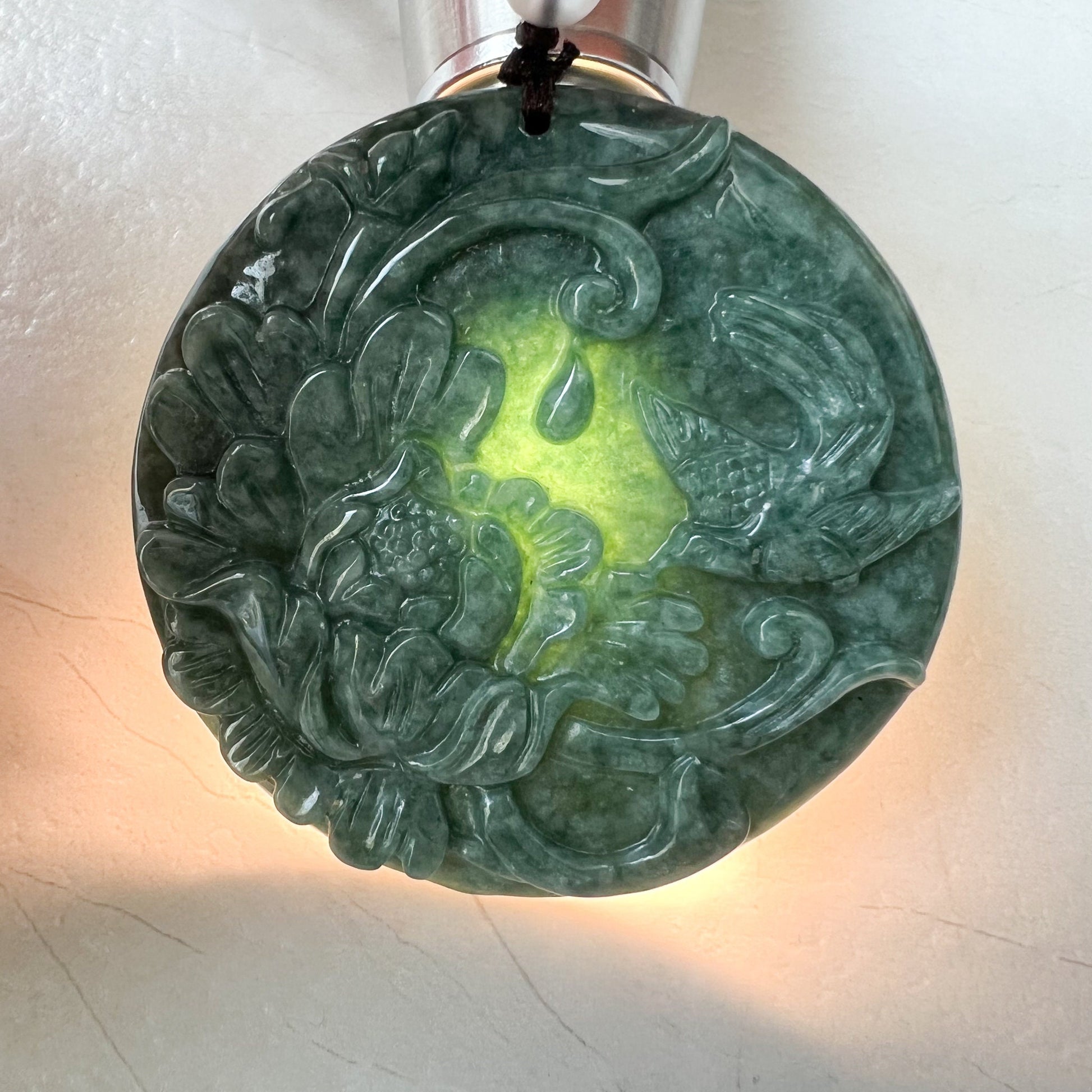 Green Jadeite Jade Floral Bird, Magpie, Hand Carved Pendant, YJ-0322-0319721 - AriaDesignCollection