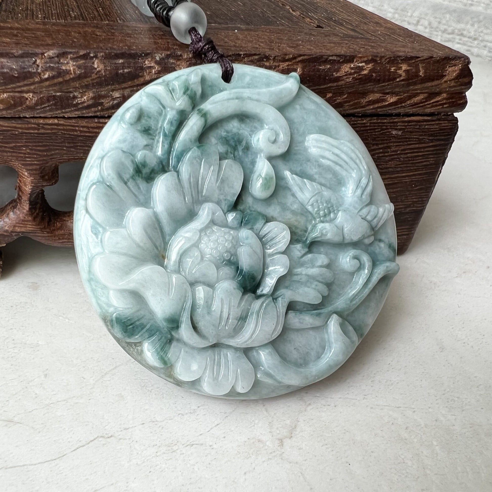 Gray Green Jadeite Jade Floral Bird, Magpie, Hand Carved Pendant, YJ-0322-0319710 - AriaDesignCollection