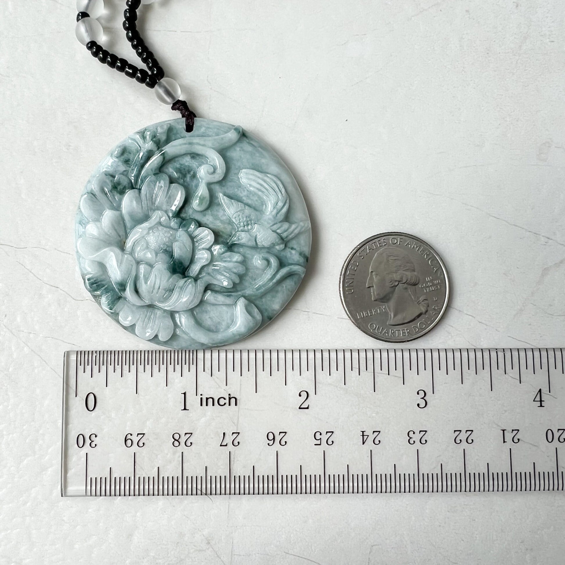 Gray Green Jadeite Jade Floral Bird, Magpie, Hand Carved Pendant, YJ-0322-0319710 - AriaDesignCollection