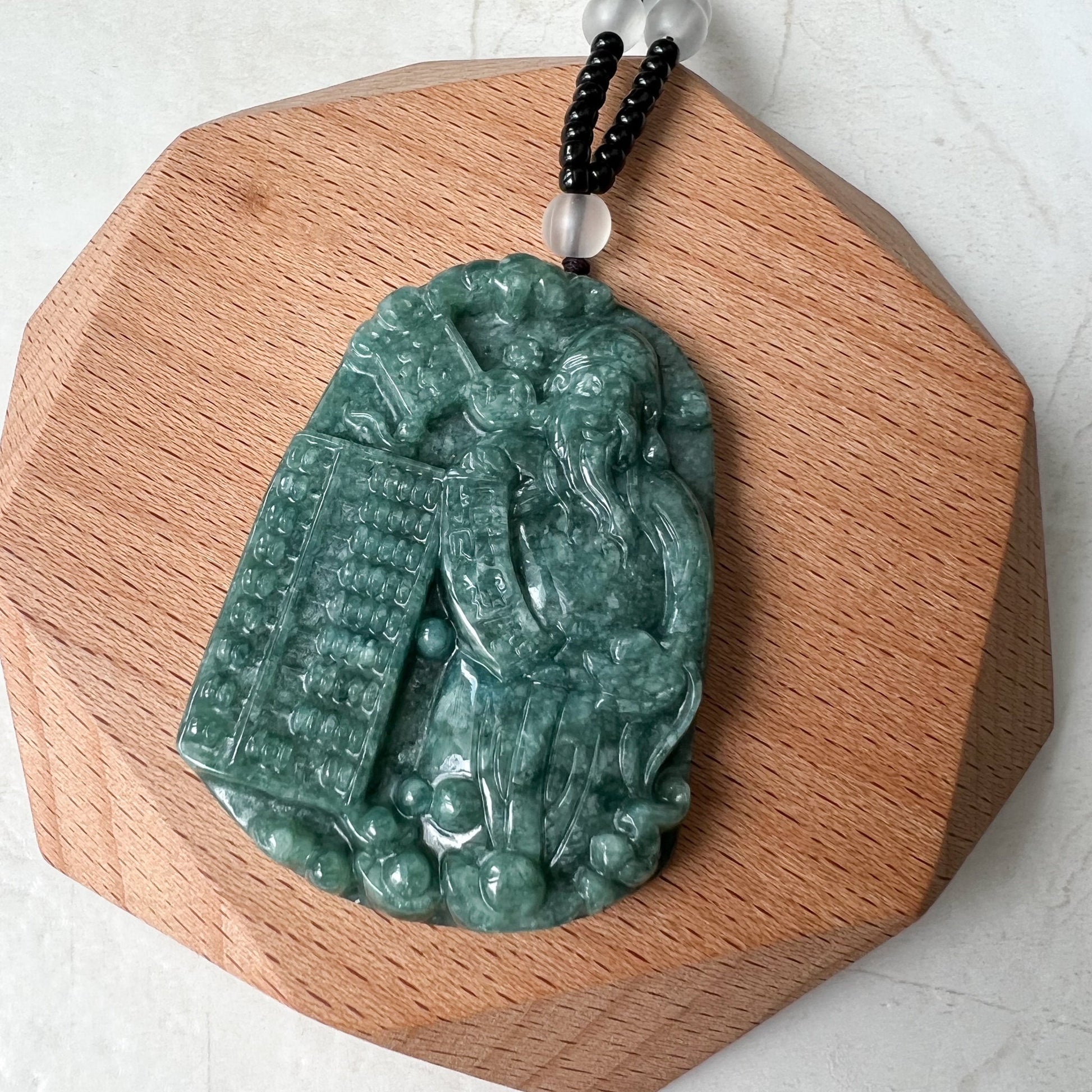 Green Jadeite Jade Fortune God, Caishen, God of Wealth, 财神, Hand Carved Pendant Necklace, YJ-1221-0312498 - AriaDesignCollection