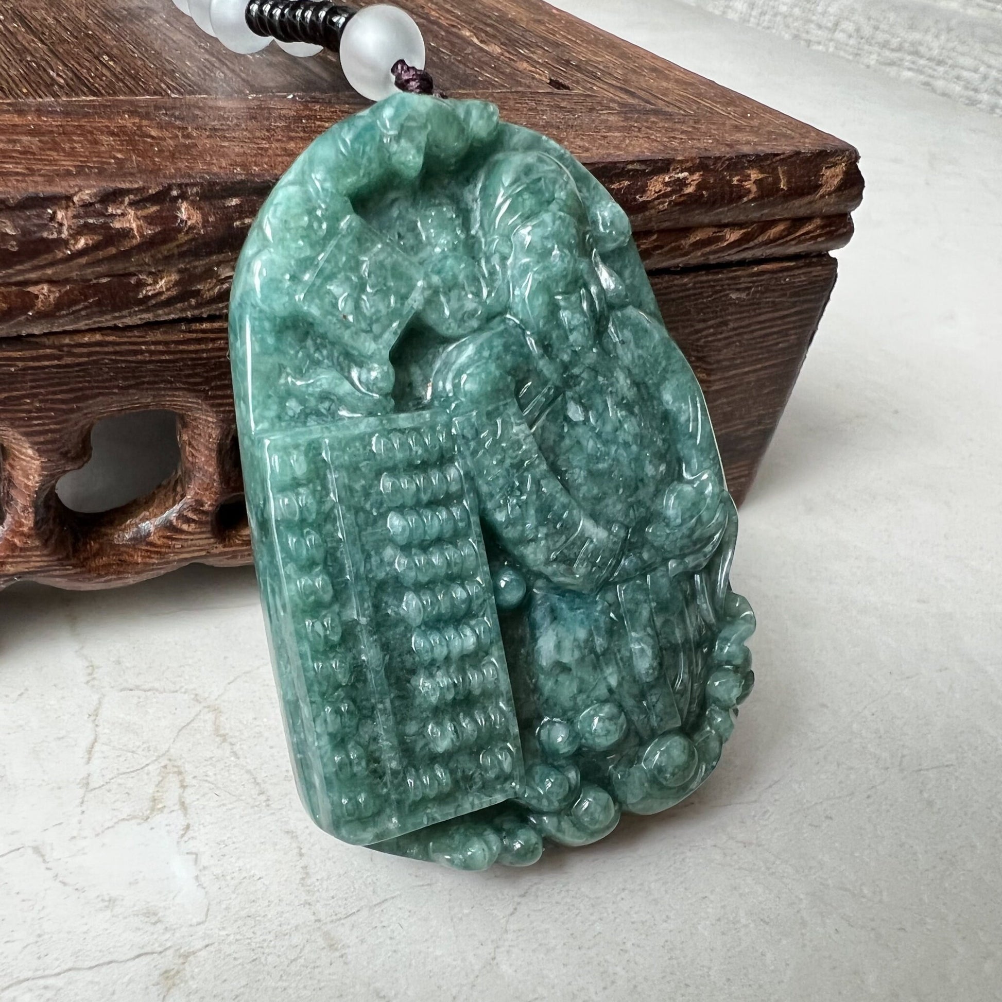 Green Jadeite Jade Fortune God, Caishen, God of Wealth, 财神, Hand Carved Pendant Necklace, YJ-1221-0312498 - AriaDesignCollection