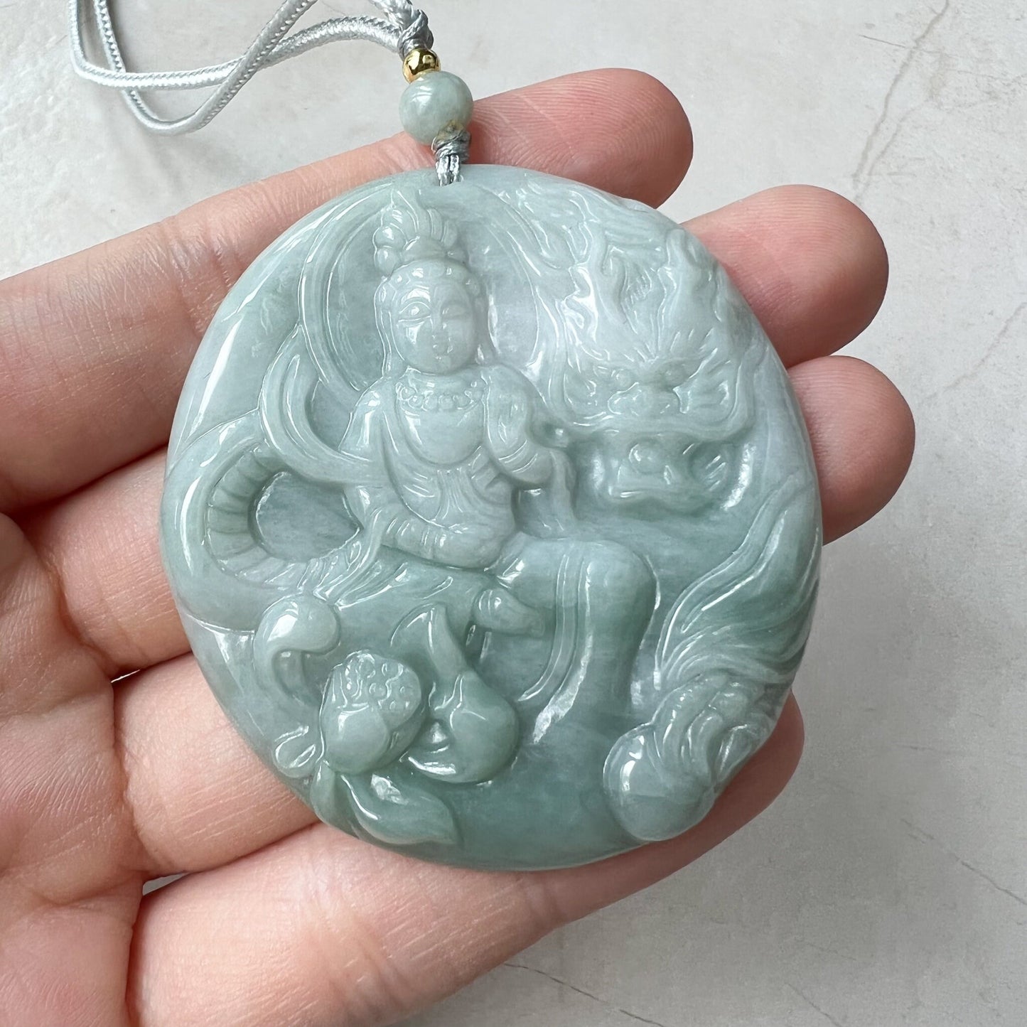 Green Jadeite Jade Guan Yin Avalokiteshvara, Dragon, Quan Am, Hand Carved Pendant Necklace, YJ-1221-0319681 - AriaDesignCollection