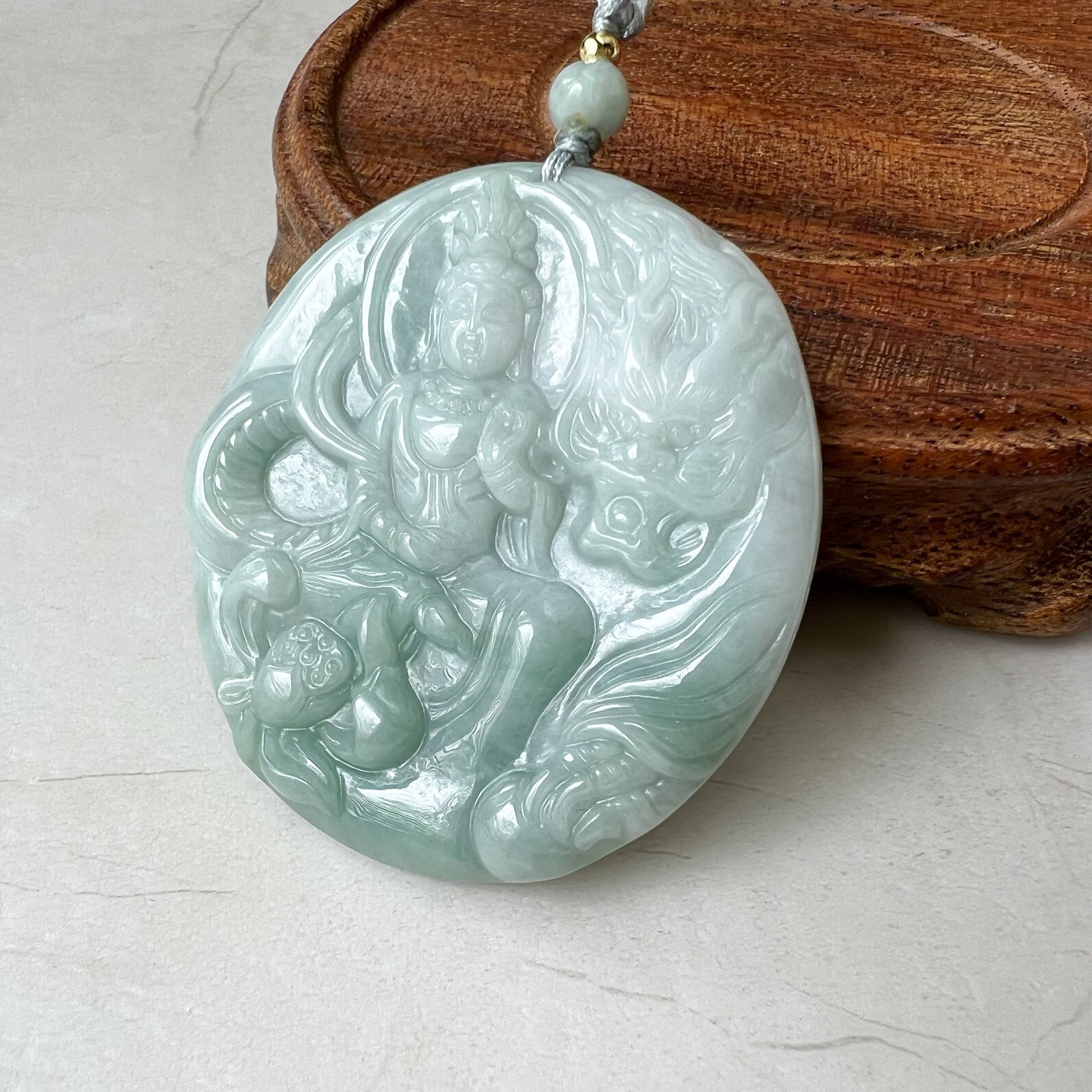 Green Jadeite Jade Guan Yin Avalokiteshvara, Dragon, Quan Am, Hand Carved Pendant Necklace, YJ-1221-0319681 - AriaDesignCollection