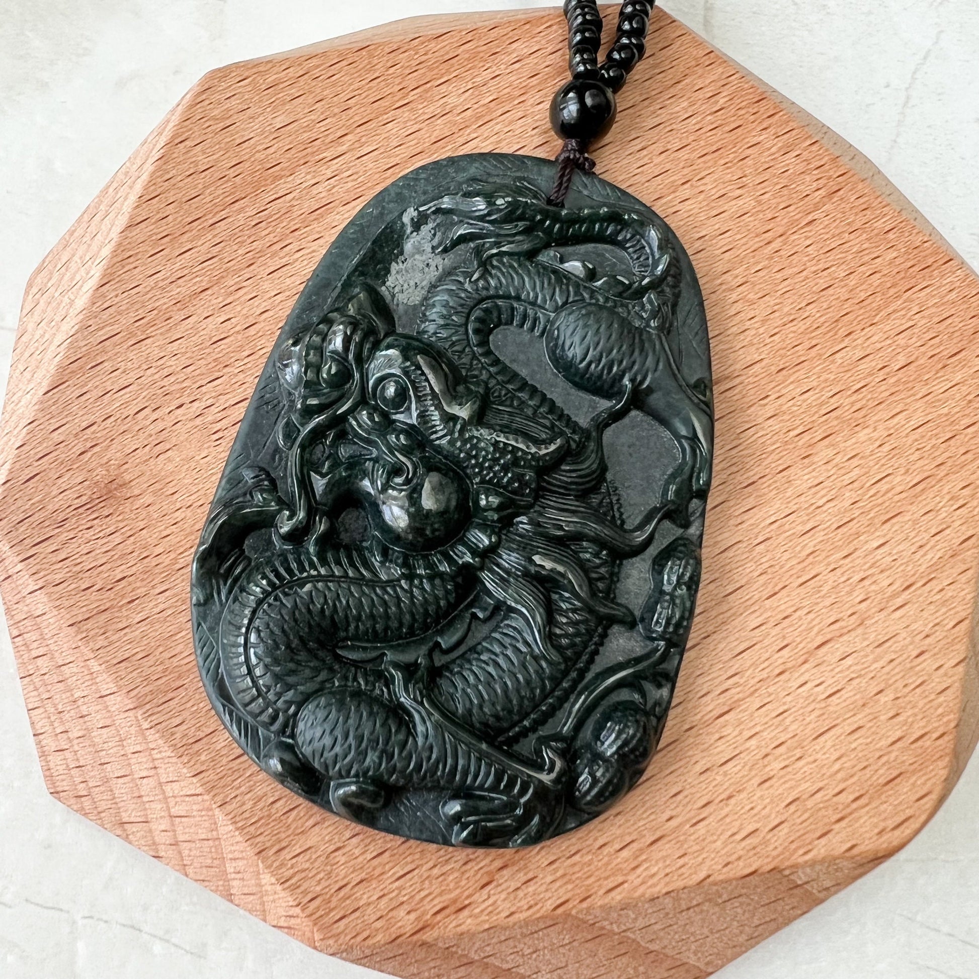 Black Jadeite Jade Omphacite Dragon Hand Carved Necklace, LGG-1221-1652974063 - AriaDesignCollection