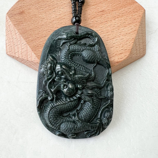 Black Jadeite Jade Omphacite Dragon Hand Carved Necklace, LGG-1221-1652974063 - AriaDesignCollection