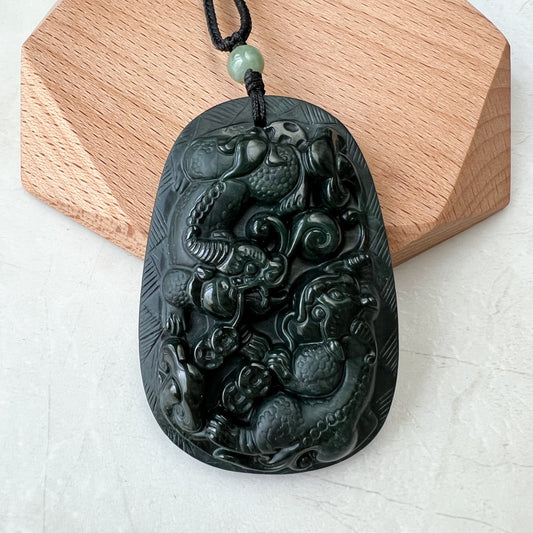 Black Pi Xiu Pixiu Pi Yao, Dragon Lion, Jadeite Jade Omphacite, 貔貅, Chinese Carved Pendant, LGG-1221-1652976501 - AriaDesignCollection