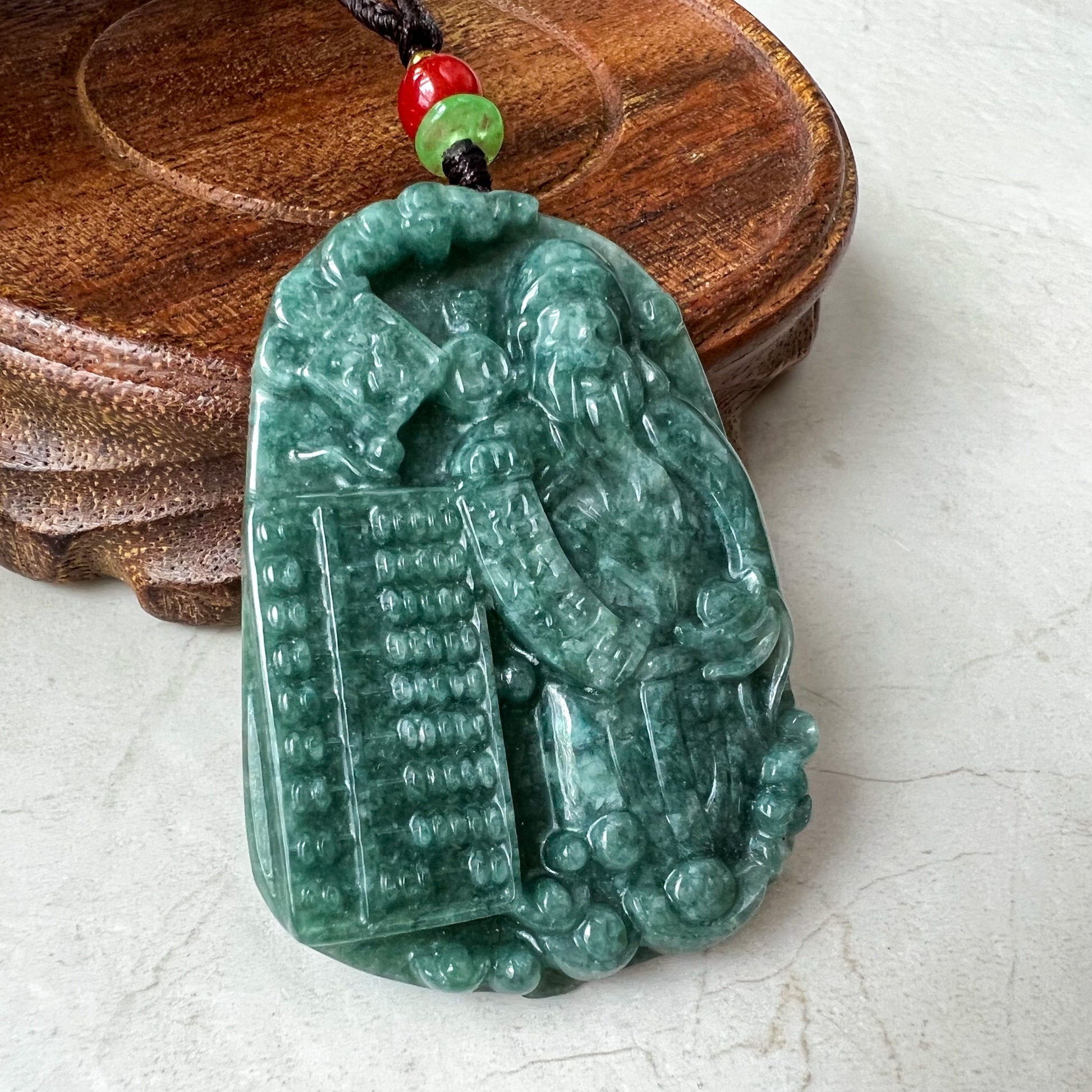 Green Jadeite Jade Fortune God, Caishen, God of Wealth, 财神, Hand Carved Pendant Necklace, YJ-0322-0405139 - AriaDesignCollection