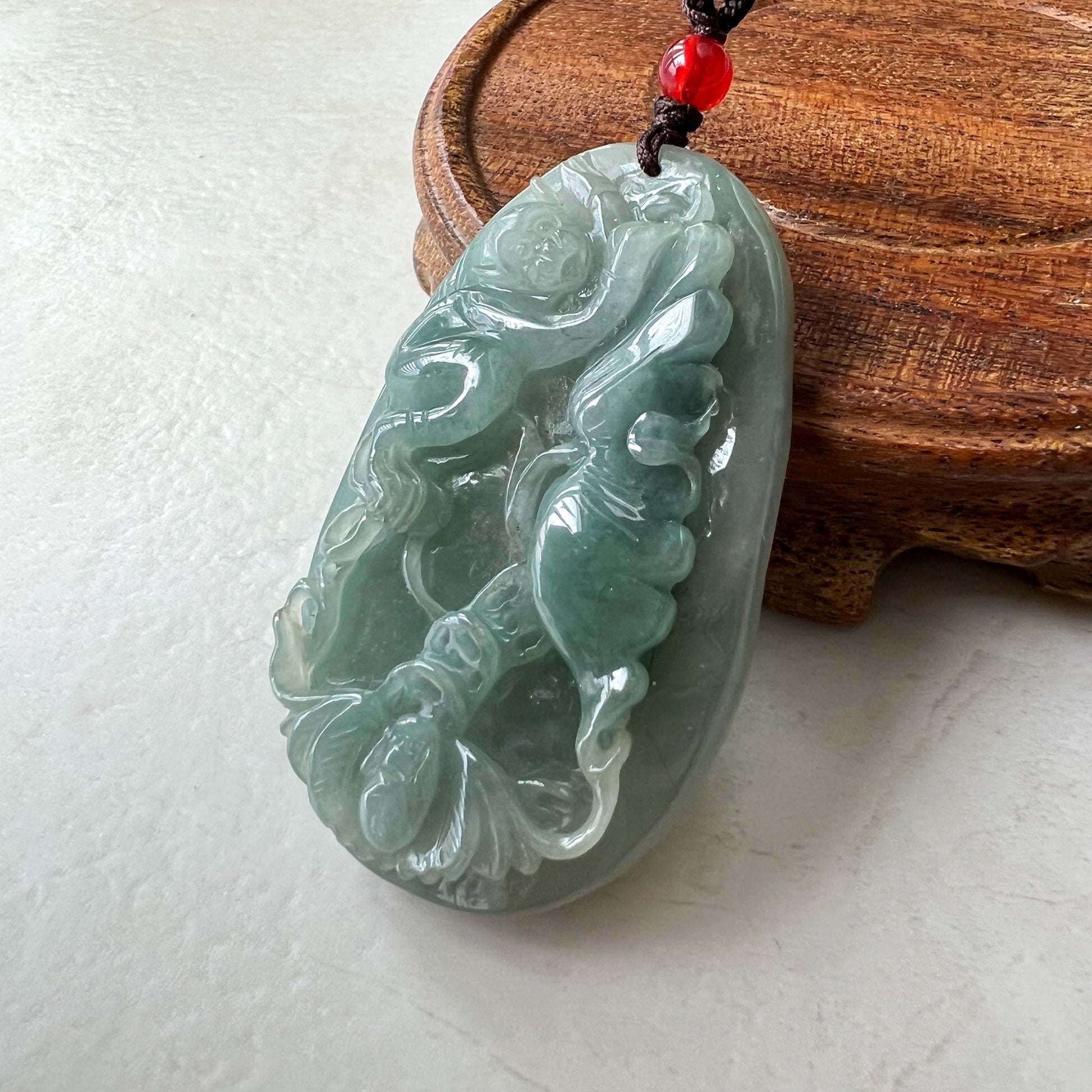 Jadeite Jade Monkey and Bat Floral Necklace, Chinese Zodiac Carved Pendant Necklace, YJ-0322-0404533 - AriaDesignCollection