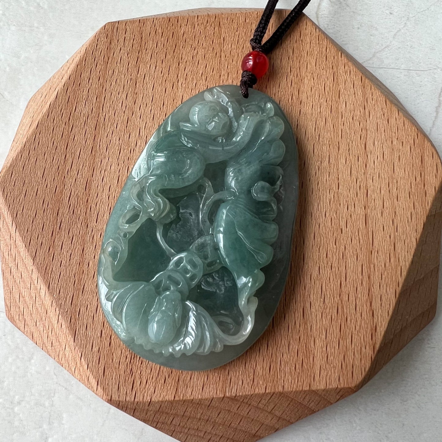 Jadeite Jade Monkey and Bat Floral Necklace, Chinese Zodiac Carved Pendant Necklace, YJ-0322-0404533 - AriaDesignCollection