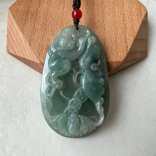 Jadeite Jade Monkey and Bat Floral Necklace, Chinese Zodiac Carved Pendant Necklace, YJ-0322-0404533 - AriaDesignCollection