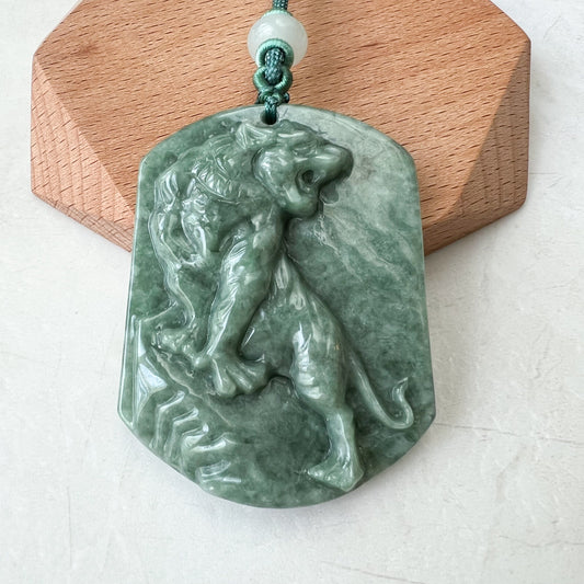 Large Jadeite Jade Tiger, Green Jade, Chinese Zodiac Carved Pendant Necklace, YJ-0322-0388833 - AriaDesignCollection
