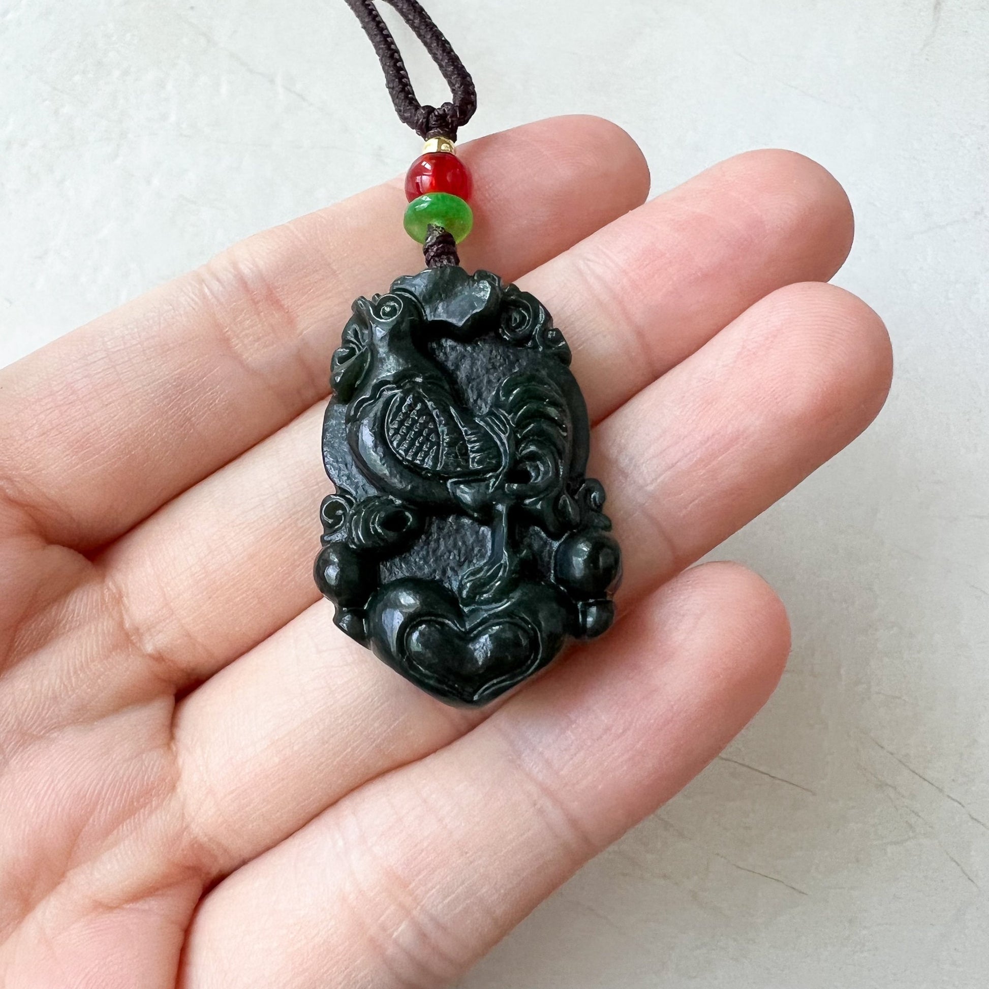 Rooster Chicken Chinese Zodiac, Nephrite Jade Dark Green Carved Pendant Necklace, RM-1221-1655225324 - AriaDesignCollection