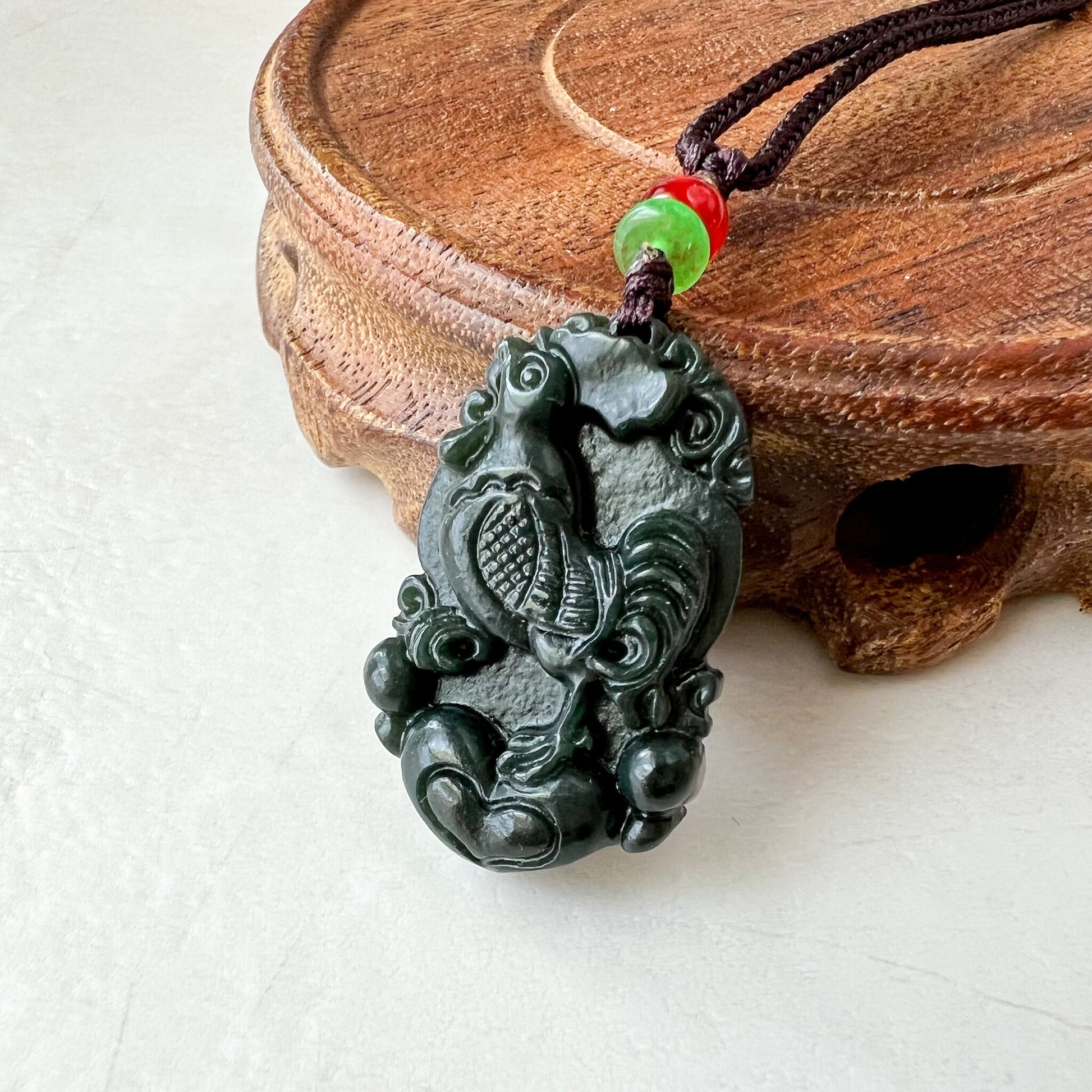 Rooster Chicken Chinese Zodiac, Nephrite Jade Dark Green Carved Pendant Necklace, RM-1221-1655225324 - AriaDesignCollection