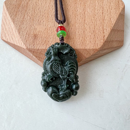 Rooster Chicken Chinese Zodiac, Nephrite Jade Dark Green Carved Pendant Necklace, RM-1221-1655225324 - AriaDesignCollection