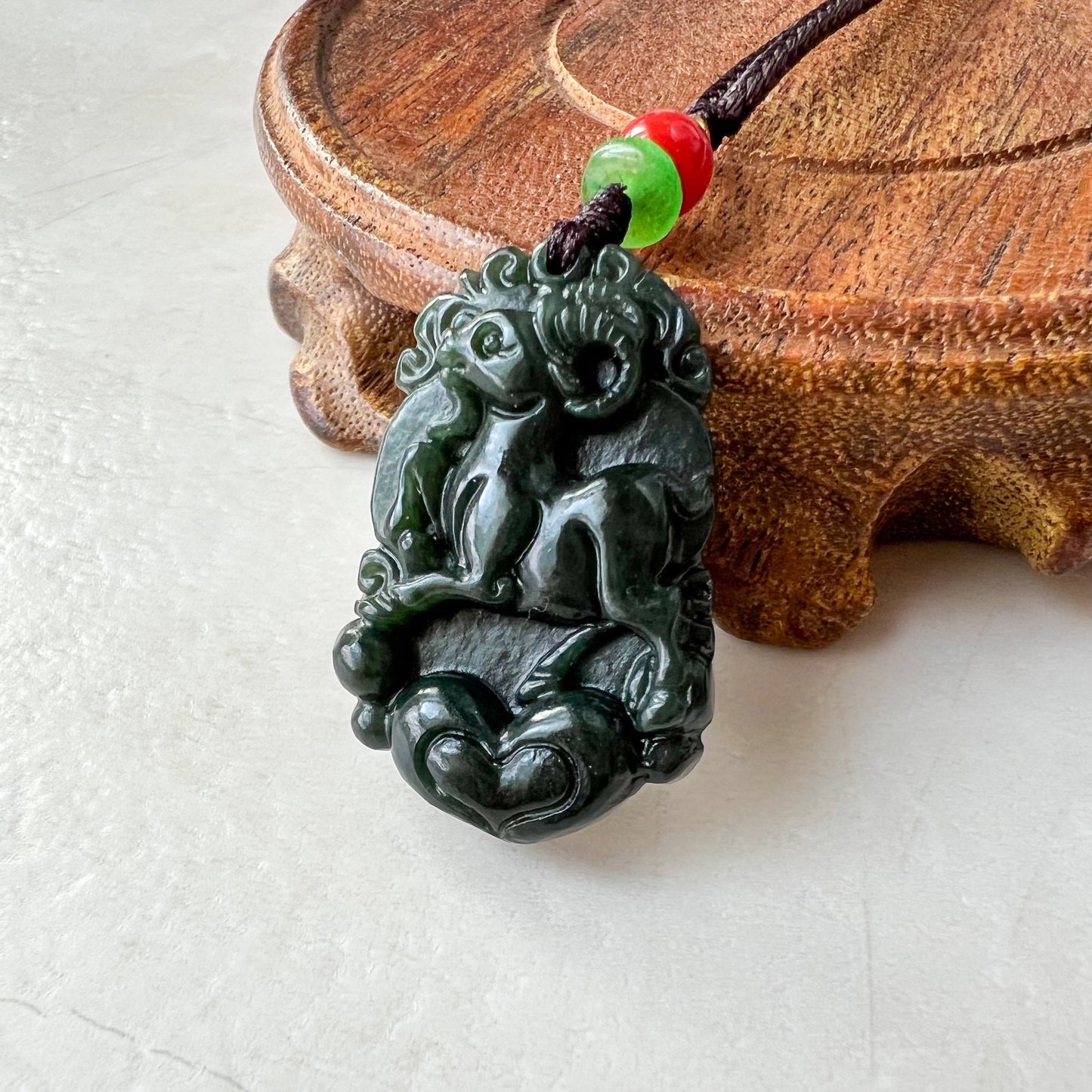 Sheep Goat Ram Chinese Zodiac Carved, Dark Green Nephrite Jade Pendant Necklace, RM-1221-1655274295 - AriaDesignCollection